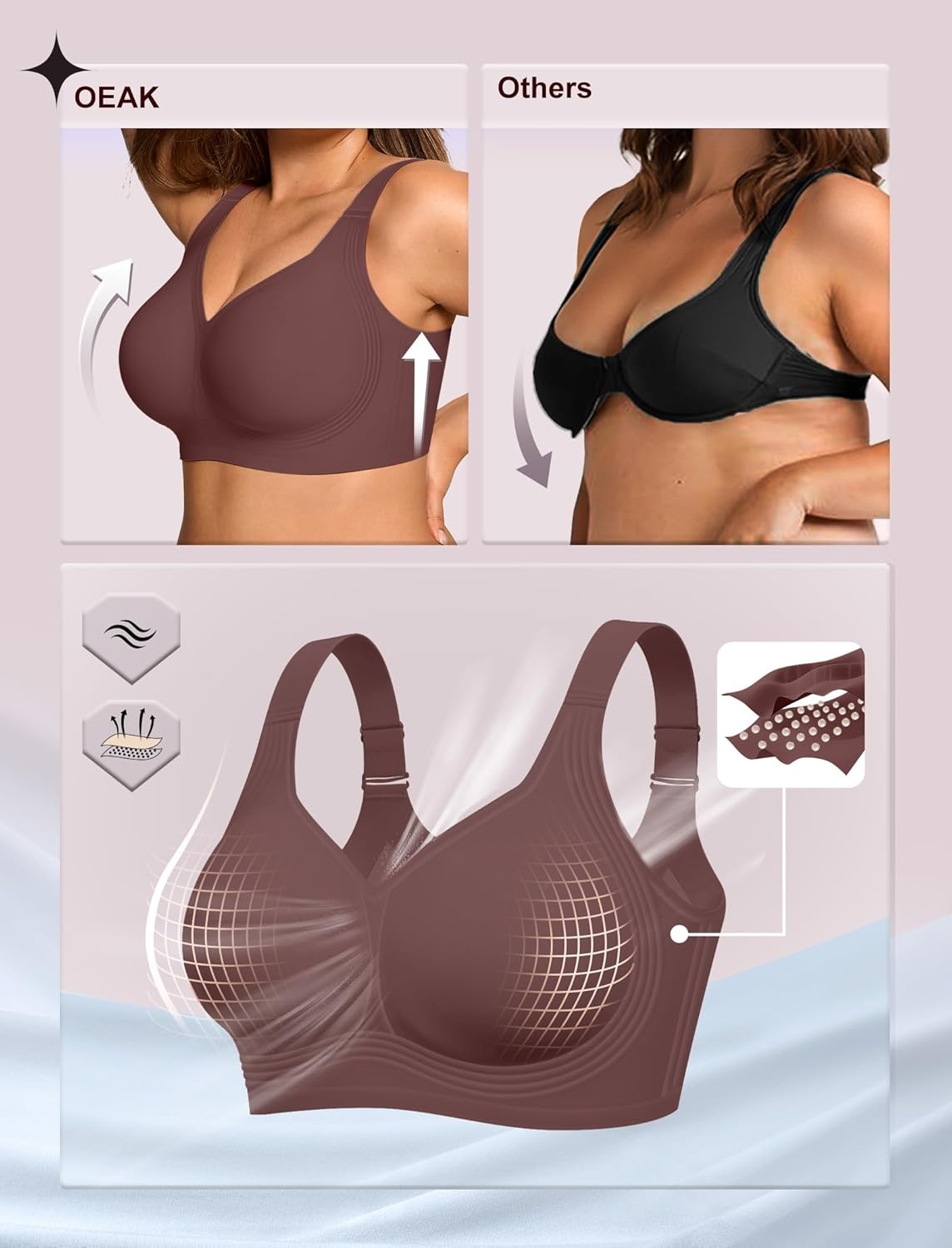 image:imageOEAK Womens Wireless Jelly Bra Plus Size Supportive Seamless Bras Full Coverage Push Up Comfortable No Underwire Tshirt BrasHazelnut