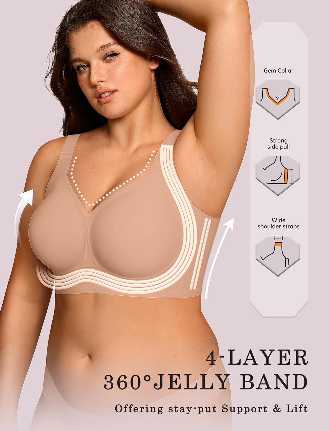 image:imageOEAK Womens Wireless Jelly Bra Plus Size Supportive Seamless Bras Full Coverage Push Up Comfortable No Underwire Tshirt BrasHoney