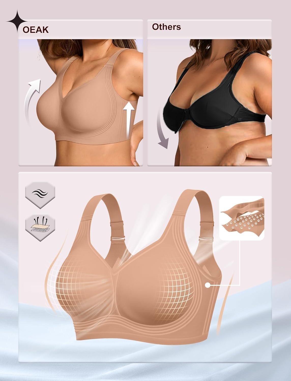 image:imageOEAK Womens Wireless Jelly Bra Plus Size Supportive Seamless Bras Full Coverage Push Up Comfortable No Underwire Tshirt BrasHoney