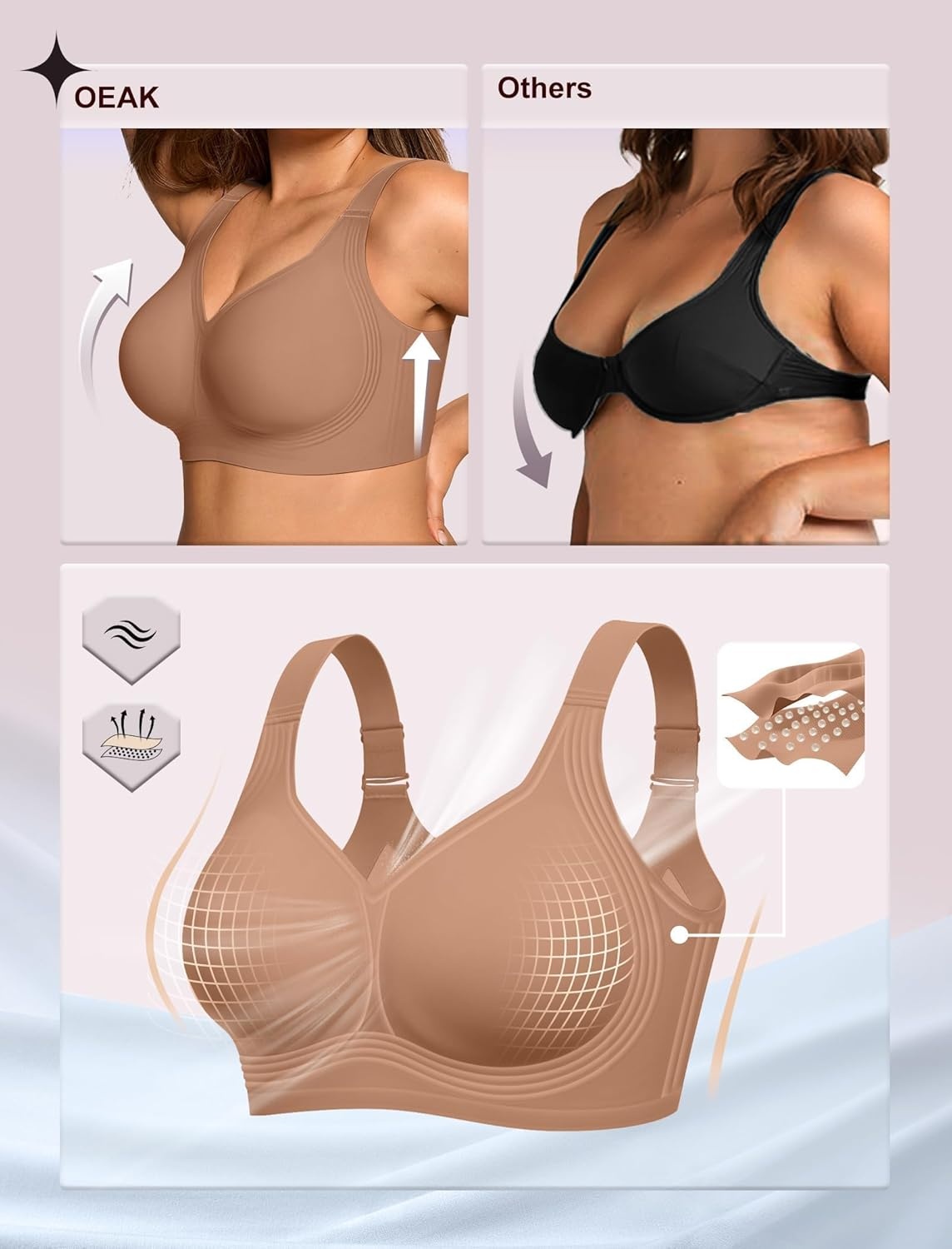 image:imageOEAK Womens Wireless Jelly Bra Plus Size Supportive Seamless Bras Full Coverage Push Up Comfortable No Underwire Tshirt BrasLatte