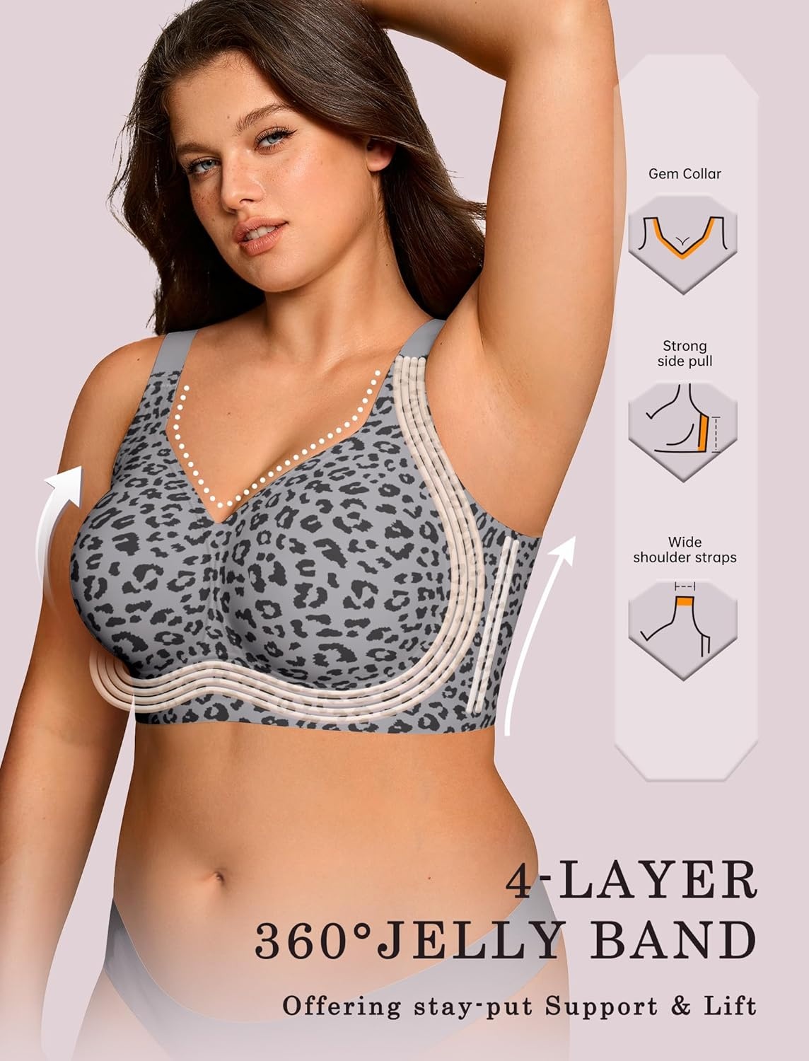 image:imageOEAK Womens Wireless Jelly Bra Plus Size Supportive Seamless Bras Full Coverage Push Up Comfortable No Underwire Tshirt BrasLeopard Grey