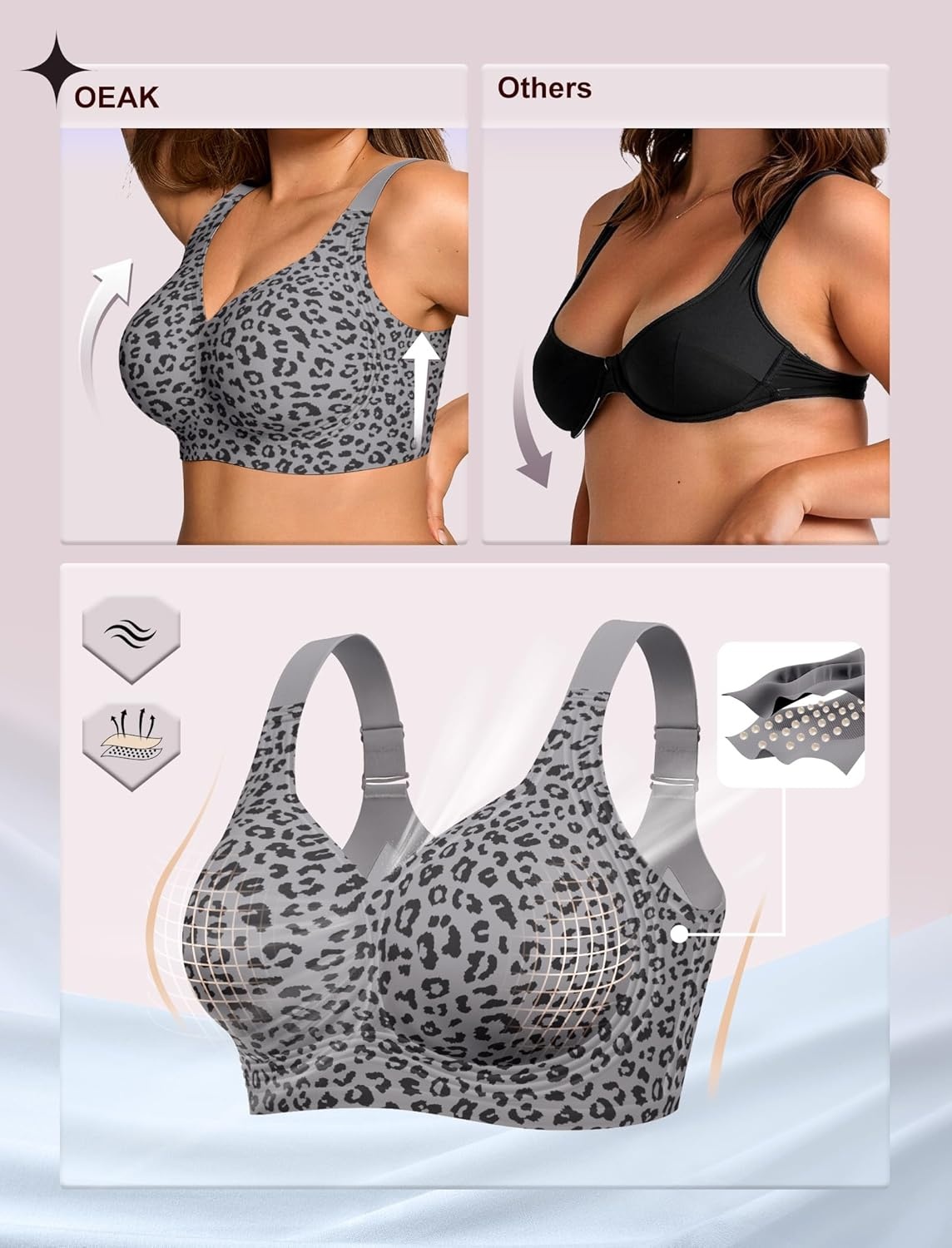image:imageOEAK Womens Wireless Jelly Bra Plus Size Supportive Seamless Bras Full Coverage Push Up Comfortable No Underwire Tshirt BrasLeopard Grey