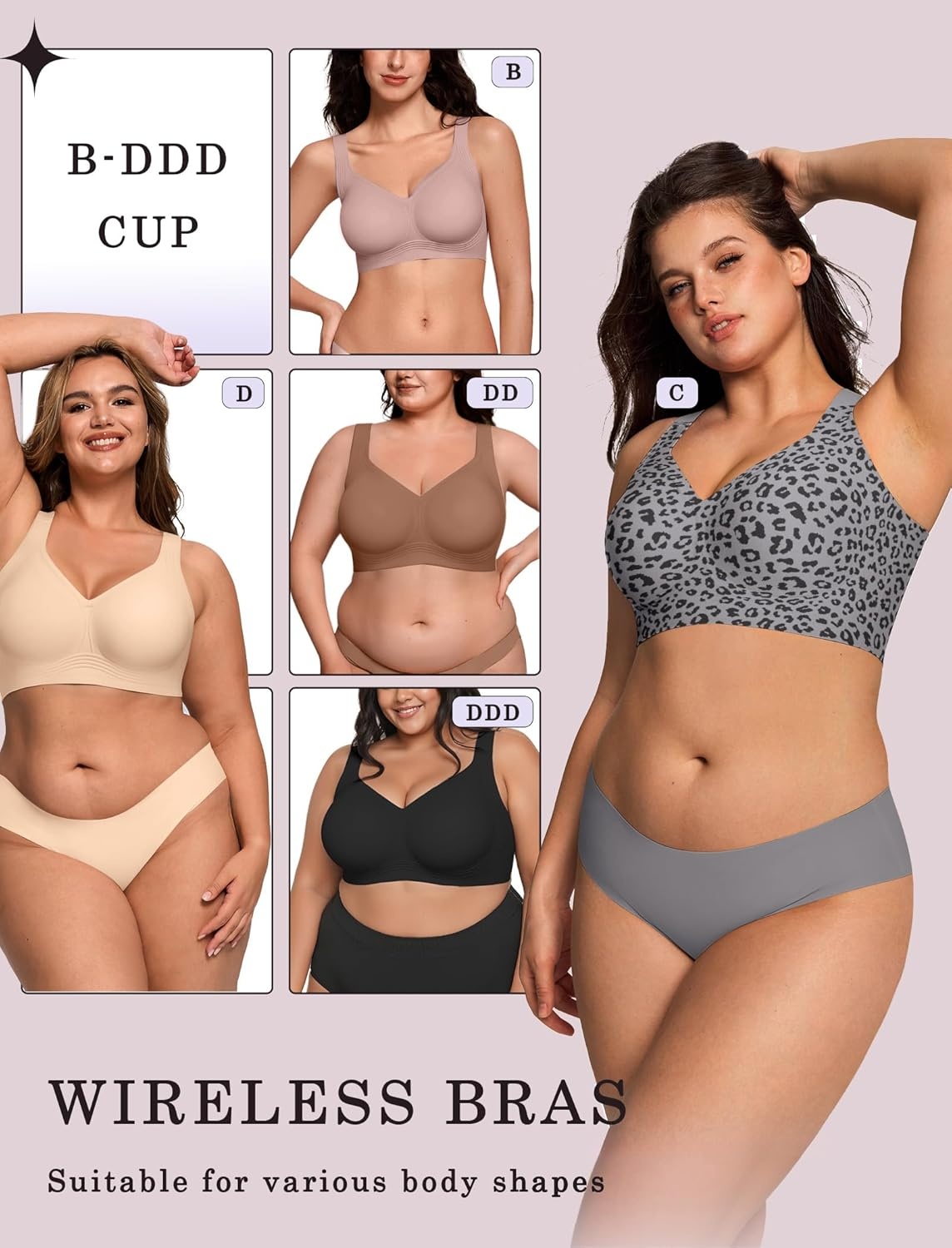image:imageOEAK Womens Wireless Jelly Bra Plus Size Supportive Seamless Bras Full Coverage Push Up Comfortable No Underwire Tshirt BrasLeopard Grey