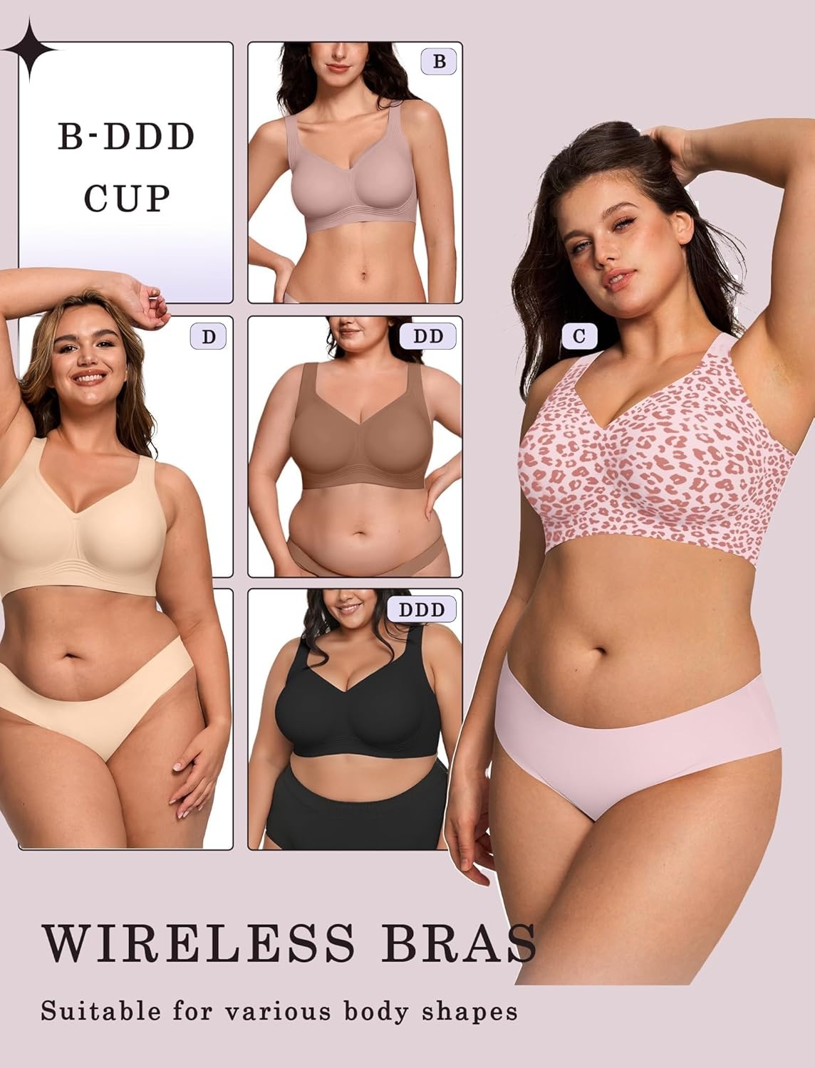 image:imageOEAK Womens Wireless Jelly Bra Plus Size Supportive Seamless Bras Full Coverage Push Up Comfortable No Underwire Tshirt BrasPink Leopard