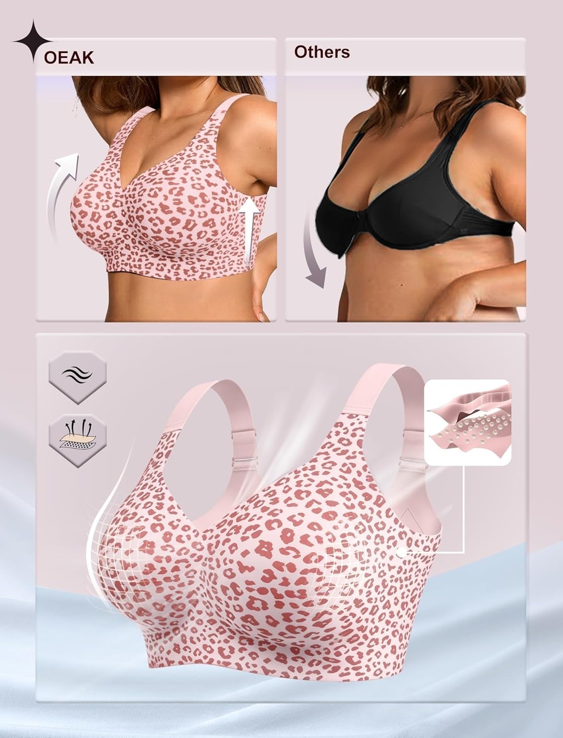 image:imageOEAK Womens Wireless Jelly Bra Plus Size Supportive Seamless Bras Full Coverage Push Up Comfortable No Underwire Tshirt BrasPink Leopard
