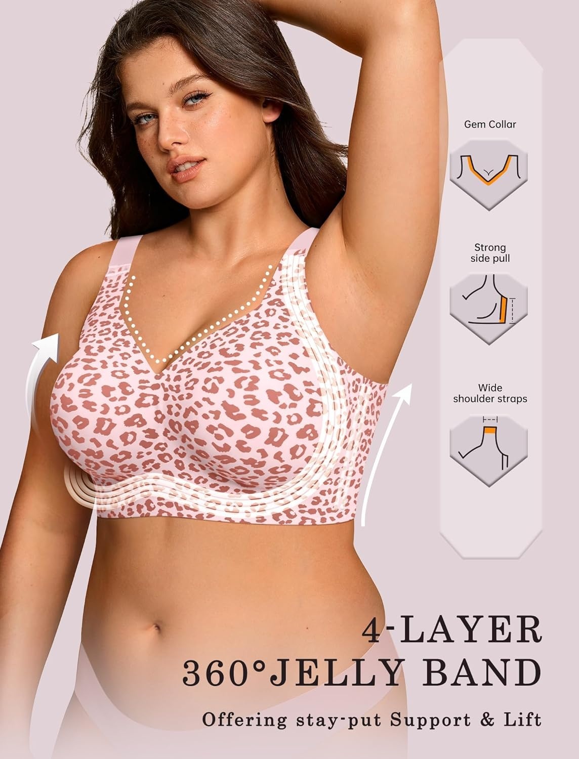 image:imageOEAK Womens Wireless Jelly Bra Plus Size Supportive Seamless Bras Full Coverage Push Up Comfortable No Underwire Tshirt BrasPink Leopard