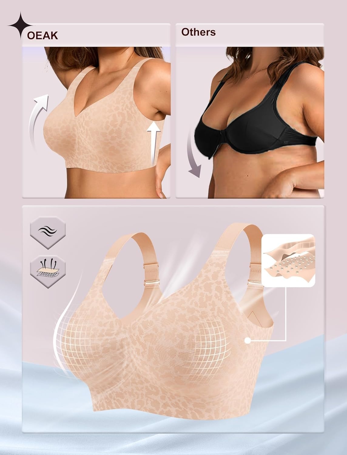 image:imageOEAK Womens Wireless Jelly Bra Plus Size Supportive Seamless Bras Full Coverage Push Up Comfortable No Underwire Tshirt BrasSkin Leopard