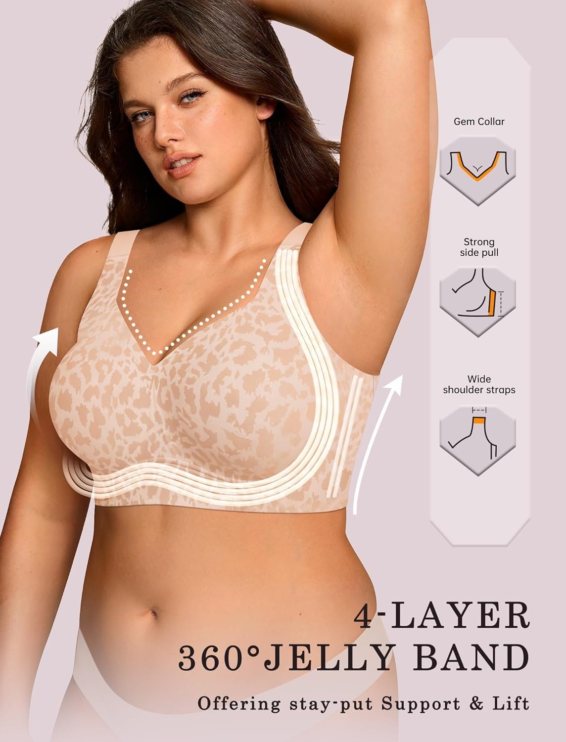 image:imageOEAK Womens Wireless Jelly Bra Plus Size Supportive Seamless Bras Full Coverage Push Up Comfortable No Underwire Tshirt BrasSkin Leopard