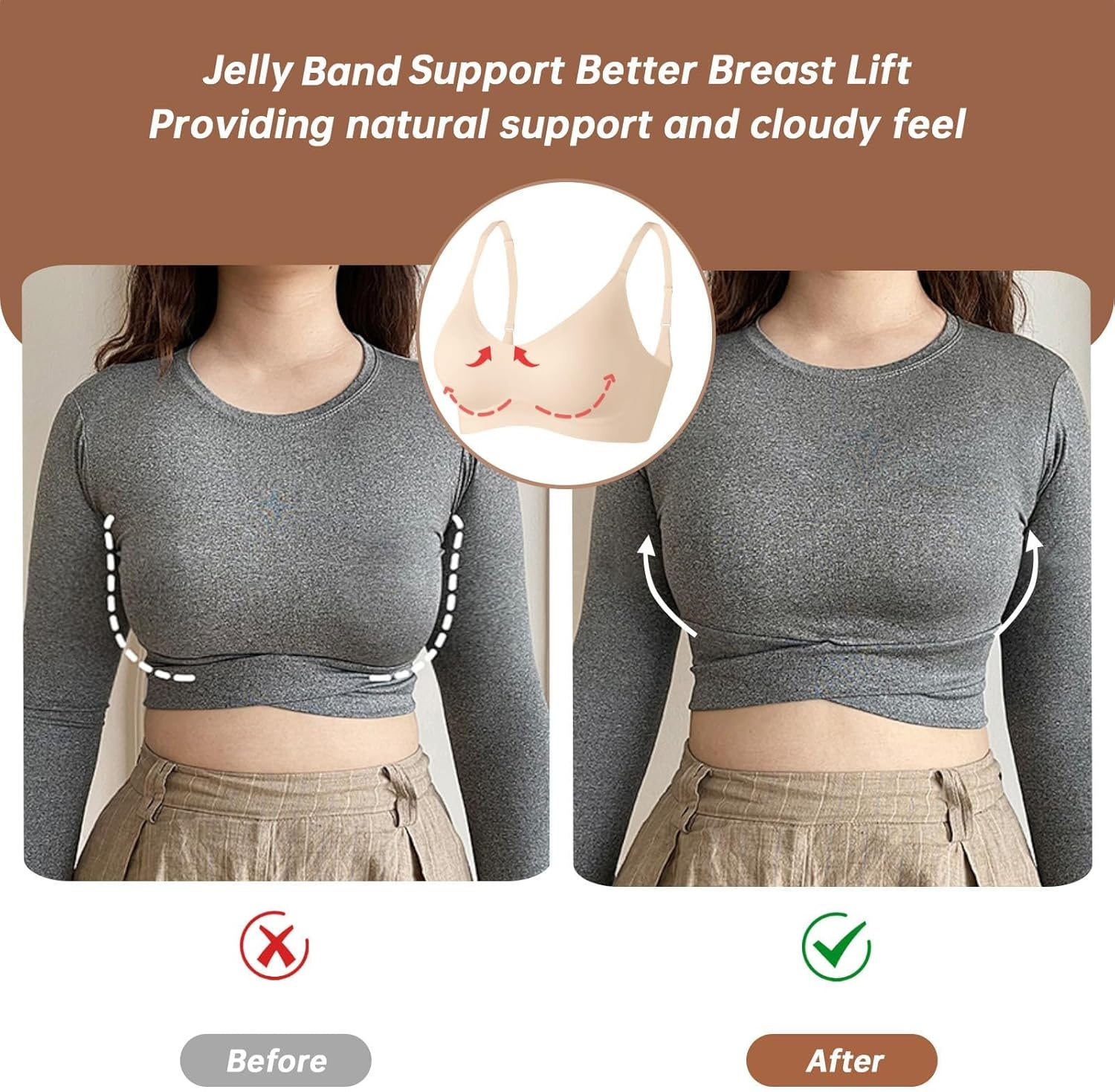 image:imageOEAK Womens Wireless Jelly Bras Comfortable Push Up Bra No Underwire Gel Bra Full Support Lift Everyday Seamless Tshirt BrasBeige