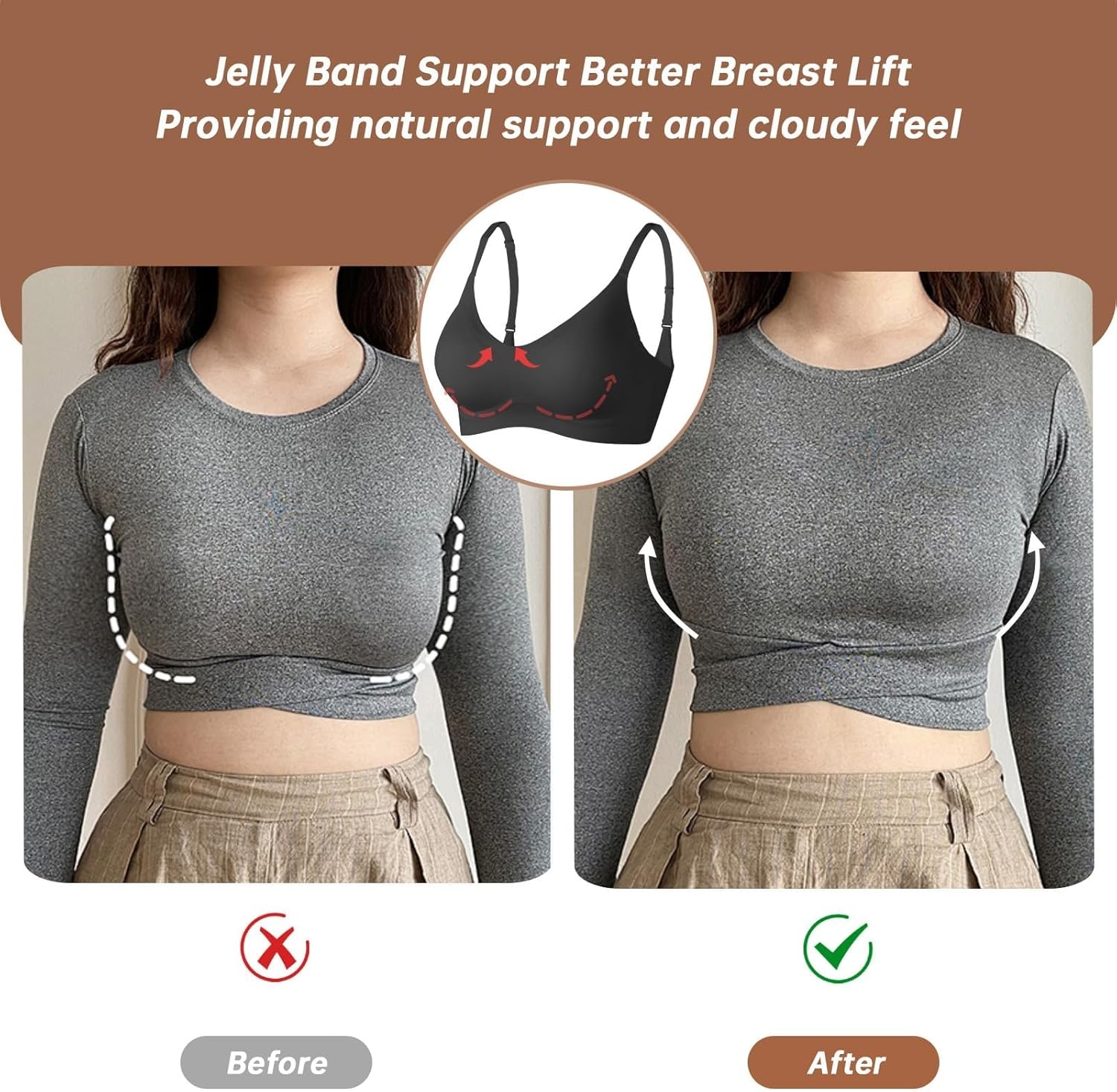 image:imageOEAK Womens Wireless Jelly Bras Comfortable Push Up Bra No Underwire Gel Bra Full Support Lift Everyday Seamless Tshirt BrasBlack