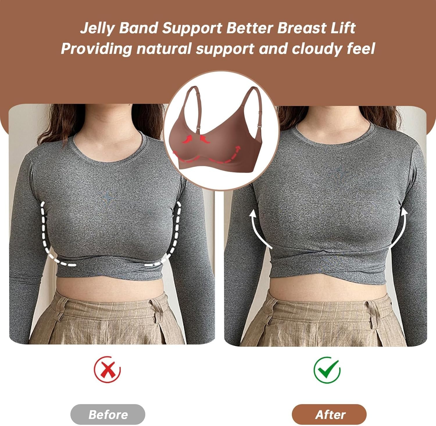 image:imageOEAK Womens Wireless Jelly Bras Comfortable Push Up Bra No Underwire Gel Bra Full Support Lift Everyday Seamless Tshirt BrasCoffee