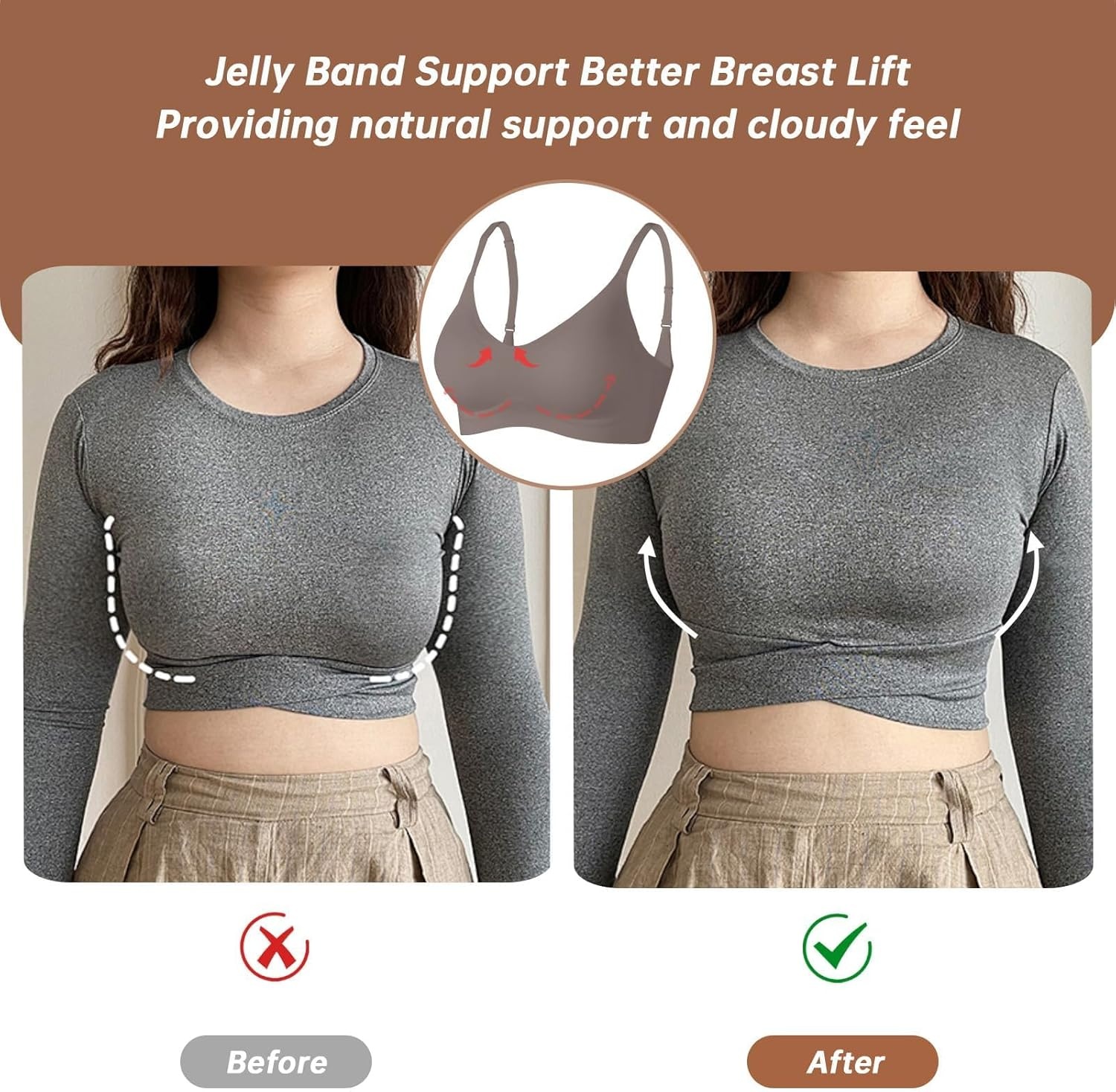 image:imageOEAK Womens Wireless Jelly Bras Comfortable Push Up Bra No Underwire Gel Bra Full Support Lift Everyday Seamless Tshirt BrasGrey