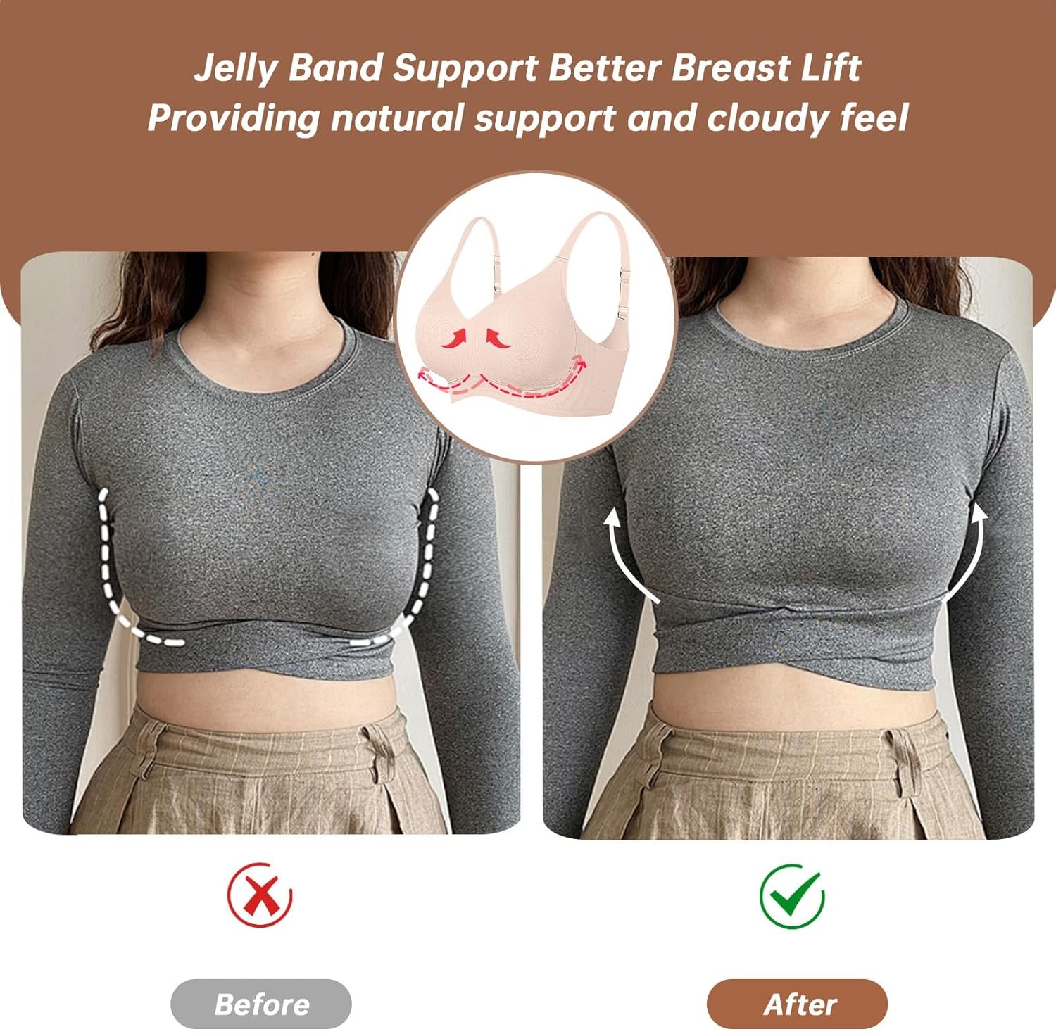 image:imageOEAK Womens Wireless Jelly Bras Comfortable Push Up Bra No Underwire Gel Bra Full Support Lift Everyday Seamless Tshirt BrasJacquard Nude
