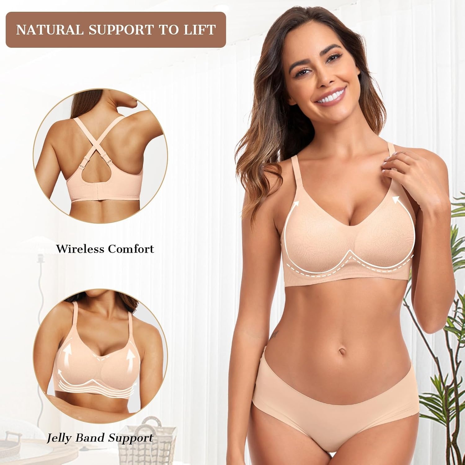 image:imageOEAK Womens Wireless Jelly Bras Comfortable Push Up Bra No Underwire Gel Bra Full Support Lift Everyday Seamless Tshirt BrasJacquard Nude