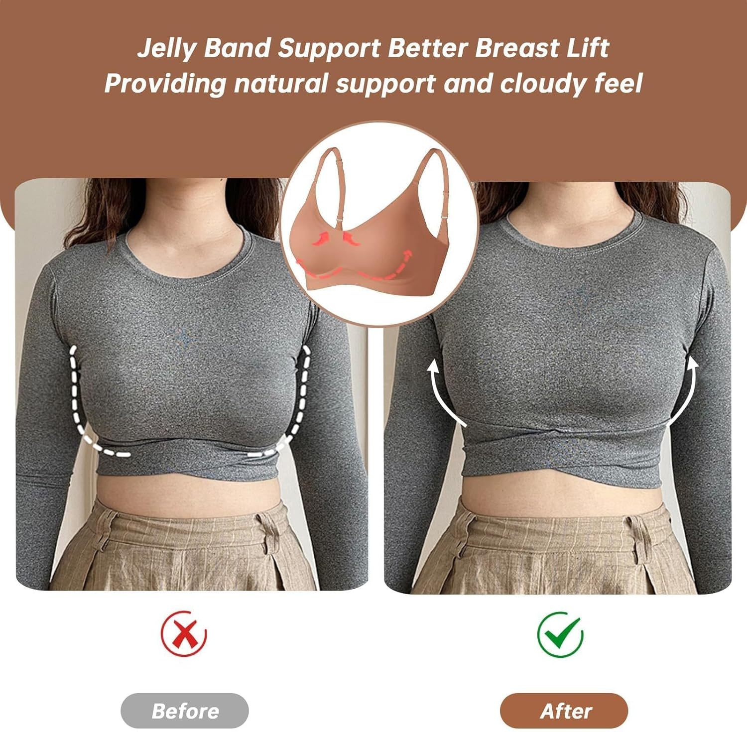 image:imageOEAK Womens Wireless Jelly Bras Comfortable Push Up Bra No Underwire Gel Bra Full Support Lift Everyday Seamless Tshirt BrasLatte