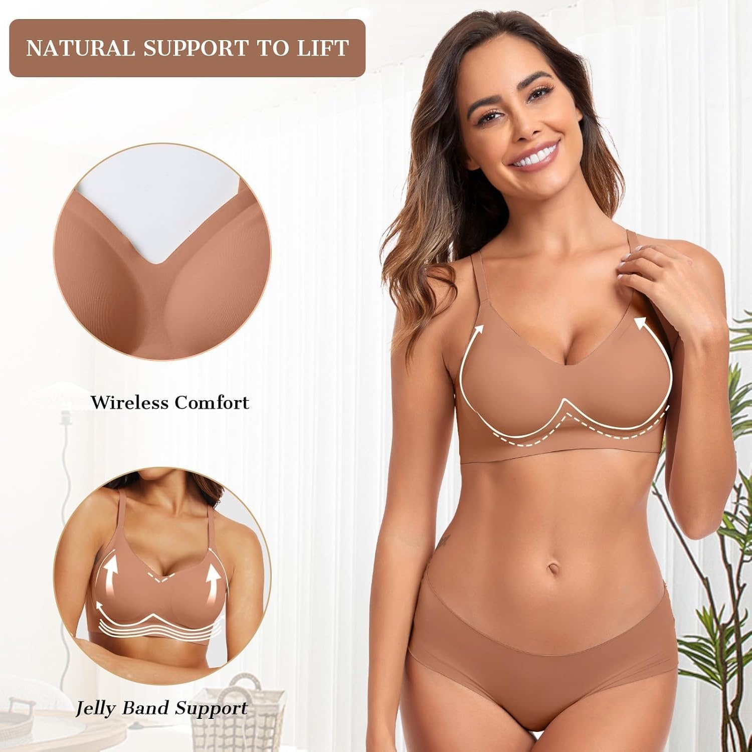image:imageOEAK Womens Wireless Jelly Bras Comfortable Push Up Bra No Underwire Gel Bra Full Support Lift Everyday Seamless Tshirt BrasLatte