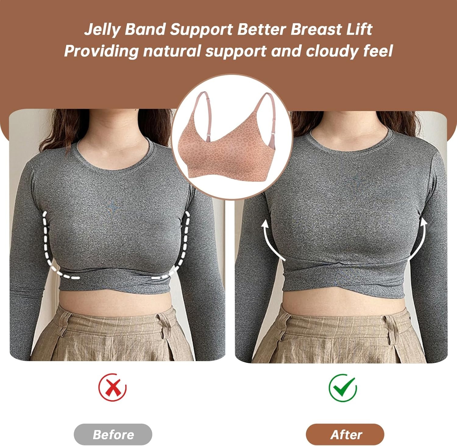 image:imageOEAK Womens Wireless Jelly Bras Comfortable Push Up Bra No Underwire Gel Bra Full Support Lift Everyday Seamless Tshirt BrasLatte Leopard