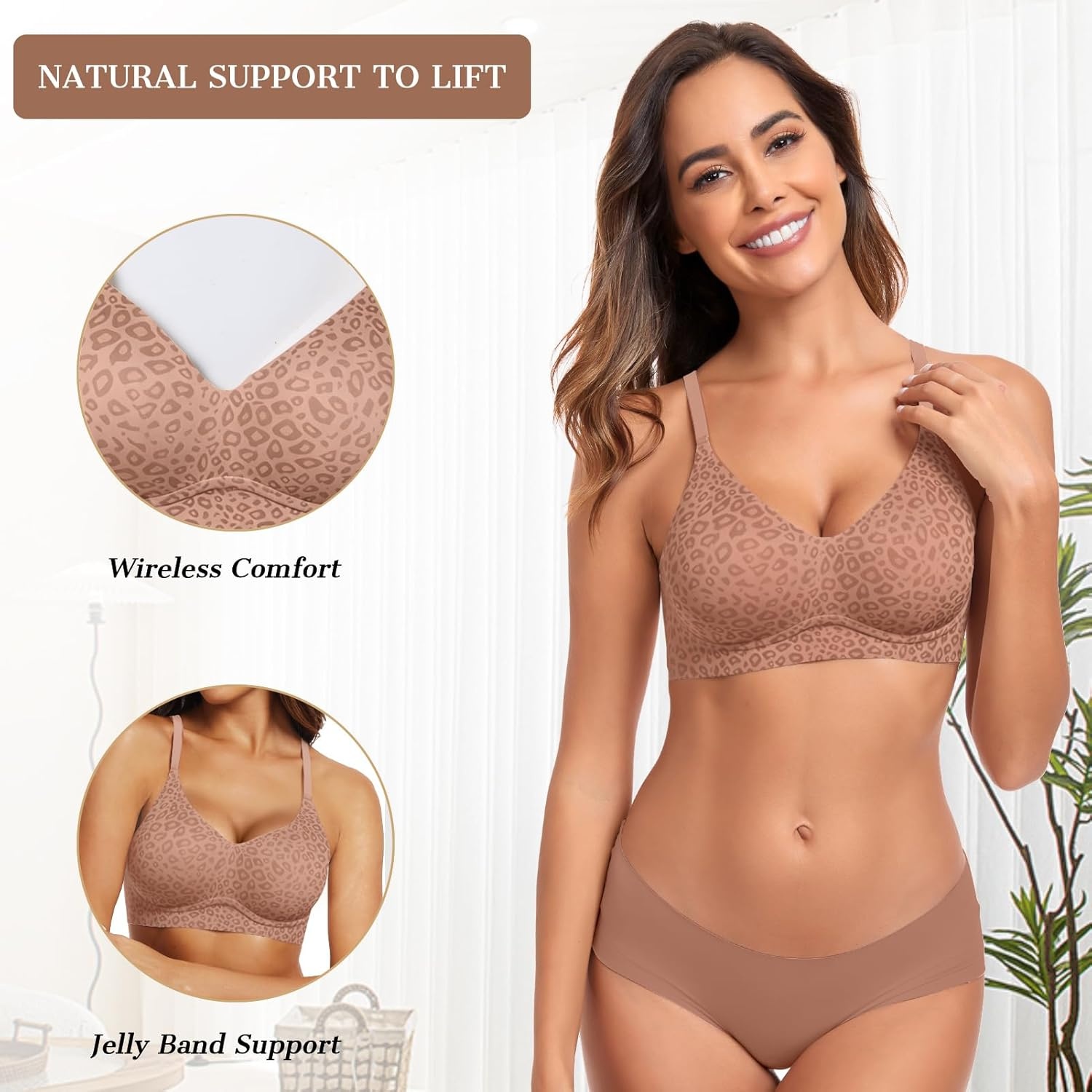 image:imageOEAK Womens Wireless Jelly Bras Comfortable Push Up Bra No Underwire Gel Bra Full Support Lift Everyday Seamless Tshirt BrasLatte Leopard