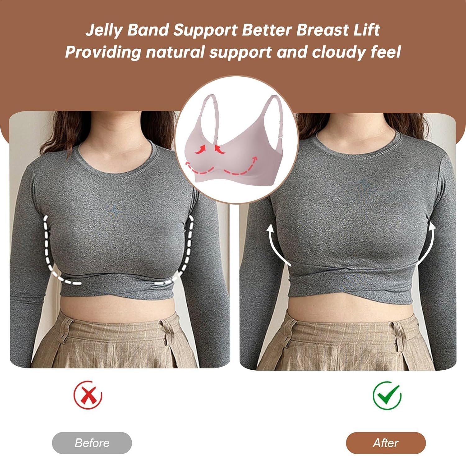image:imageOEAK Womens Wireless Jelly Bras Comfortable Push Up Bra No Underwire Gel Bra Full Support Lift Everyday Seamless Tshirt BrasPink