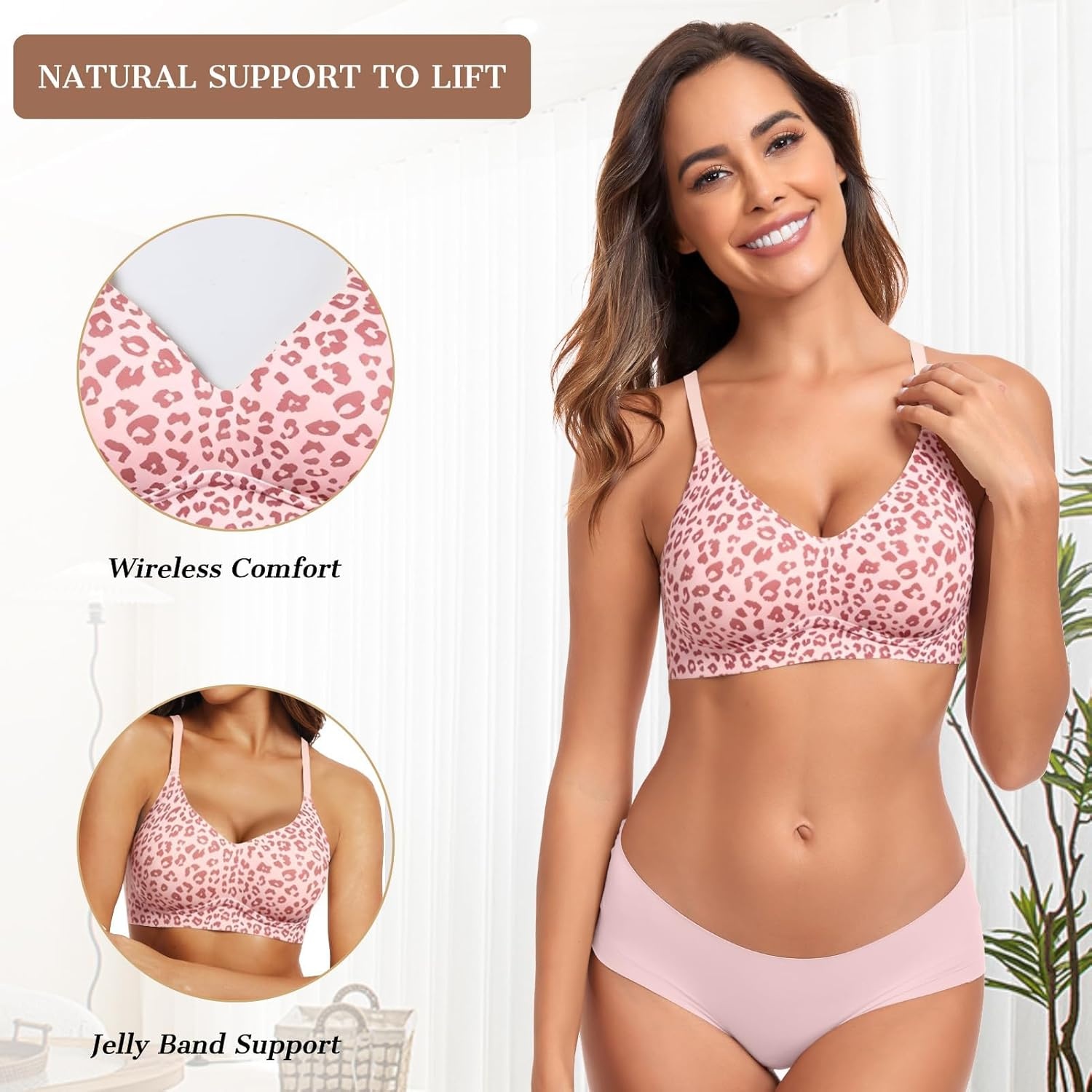image:imageOEAK Womens Wireless Jelly Bras Comfortable Push Up Bra No Underwire Gel Bra Full Support Lift Everyday Seamless Tshirt BrasPink Leopard