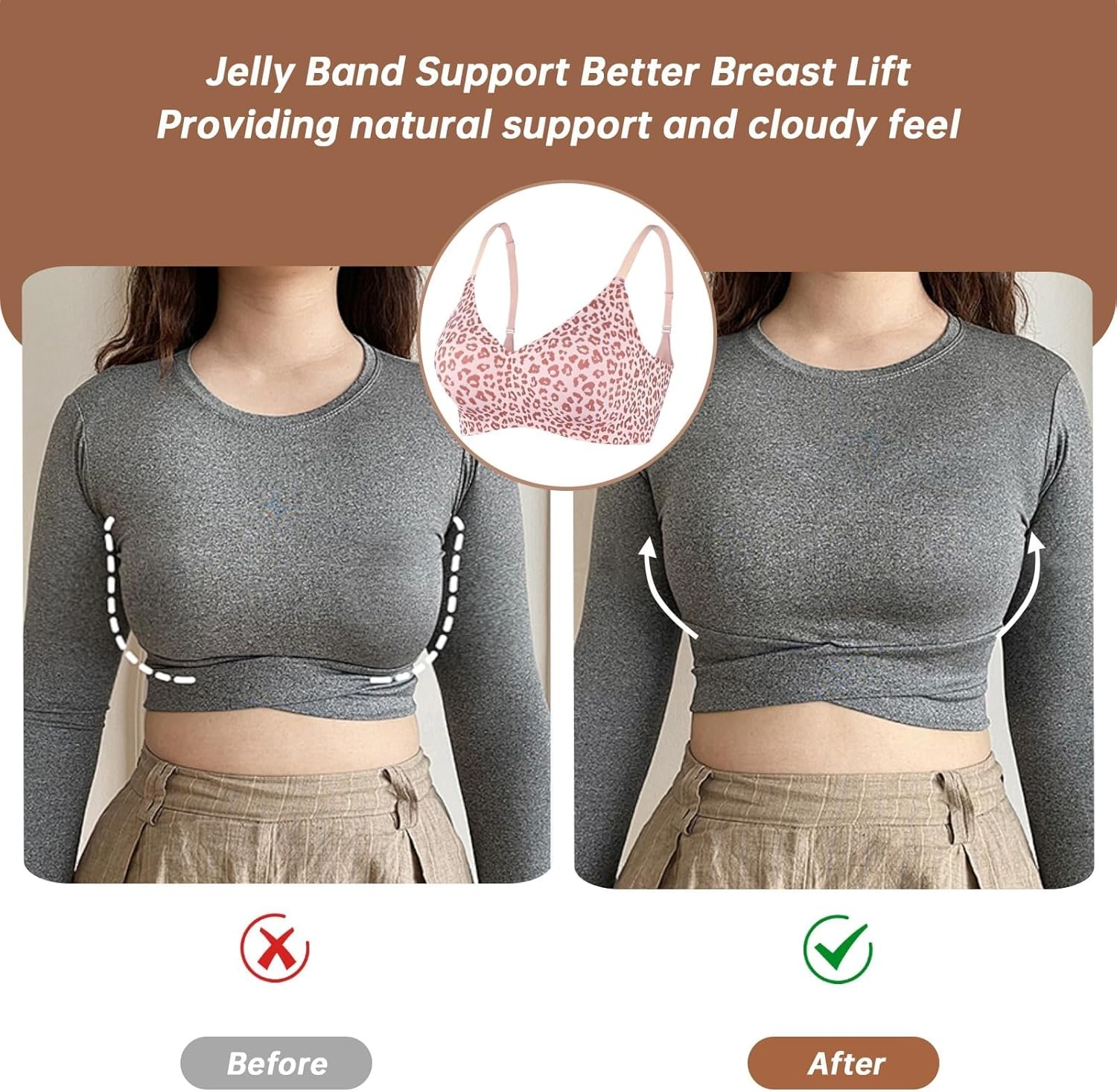 image:imageOEAK Womens Wireless Jelly Bras Comfortable Push Up Bra No Underwire Gel Bra Full Support Lift Everyday Seamless Tshirt BrasPink Leopard