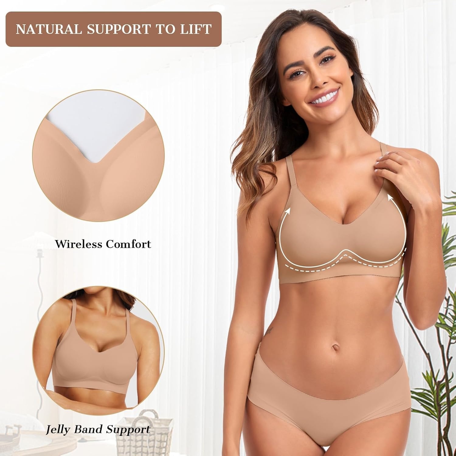 image:imageOEAK Womens Wireless Jelly Bras Comfortable Push Up Bra No Underwire Gel Bra Full Support Lift Everyday Seamless Tshirt BrasPraline