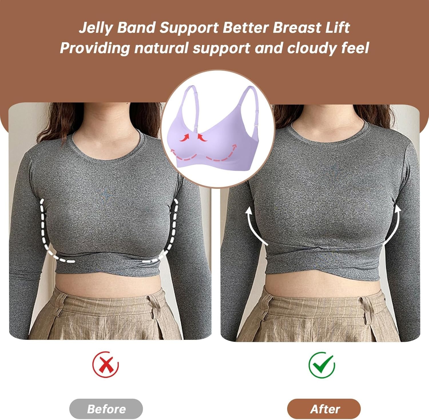 image:imageOEAK Womens Wireless Jelly Bras Comfortable Push Up Bra No Underwire Gel Bra Full Support Lift Everyday Seamless Tshirt BrasPurple