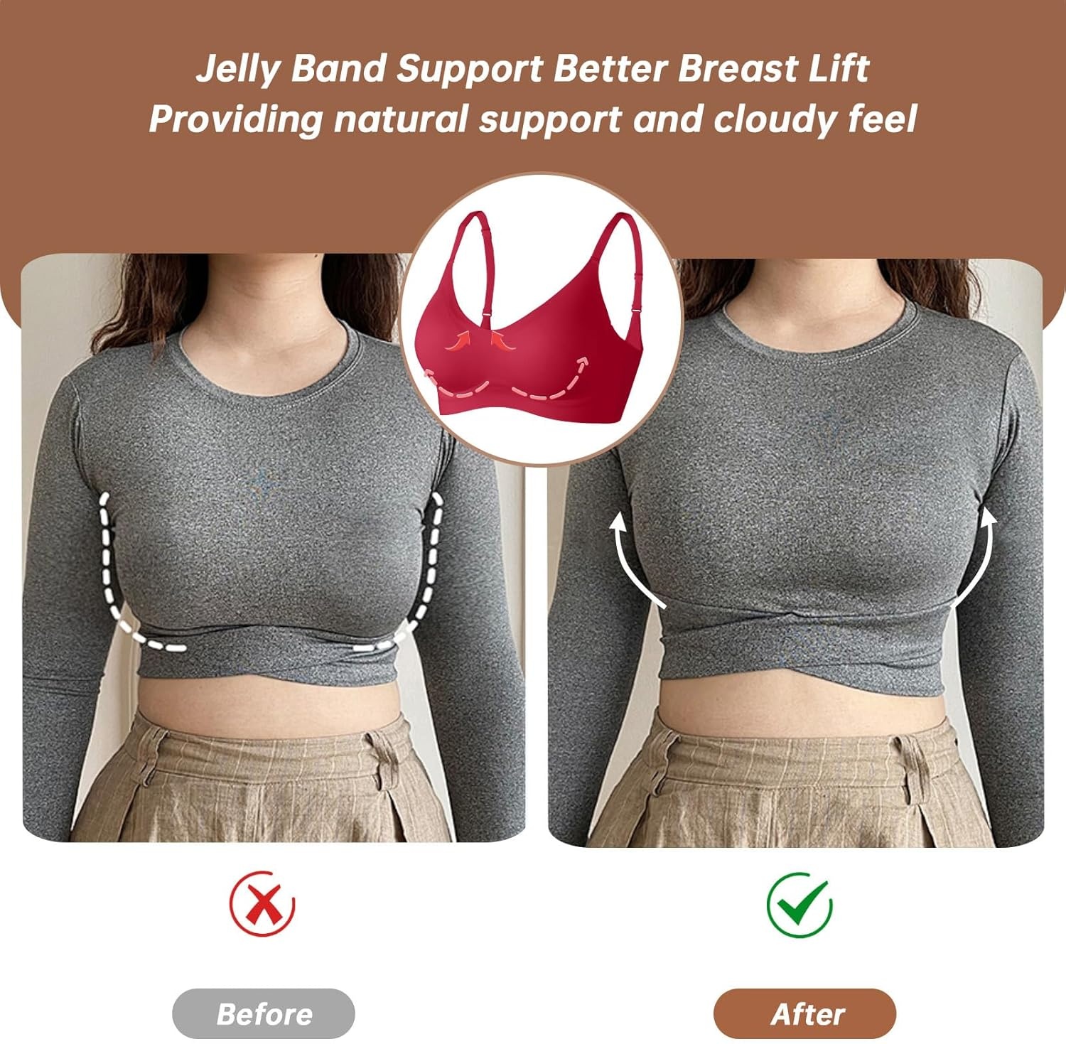 image:imageOEAK Womens Wireless Jelly Bras Comfortable Push Up Bra No Underwire Gel Bra Full Support Lift Everyday Seamless Tshirt BrasWine Red