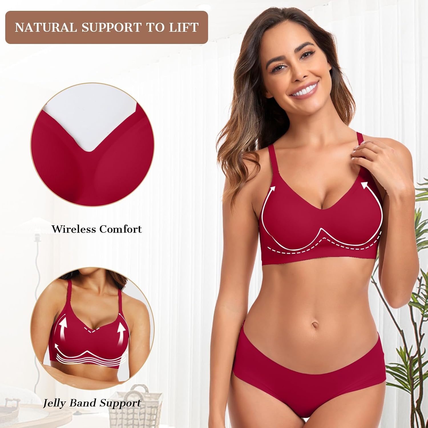 image:imageOEAK Womens Wireless Jelly Bras Comfortable Push Up Bra No Underwire Gel Bra Full Support Lift Everyday Seamless Tshirt BrasWine Red
