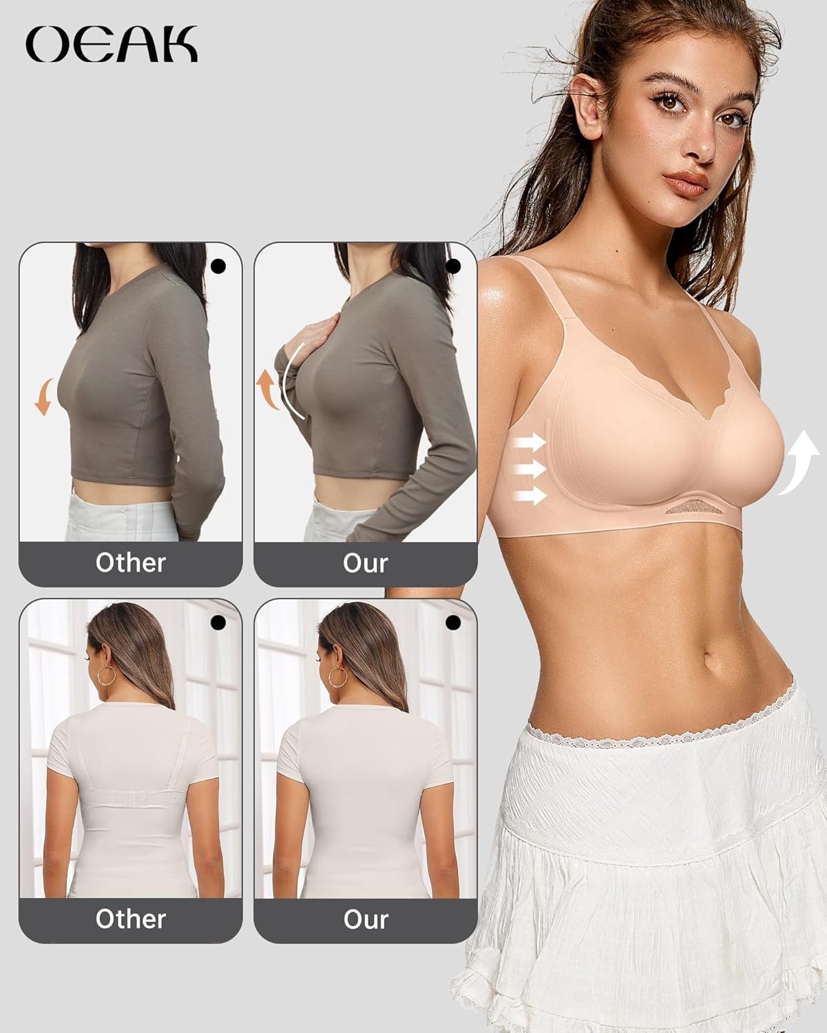 image:imageOEAK Womens Wireless Jelly Bras Scalloped Push Up No Underwire Bralette Supportive Tshirt Bra Seamless Comfortable BrasBeige Nude