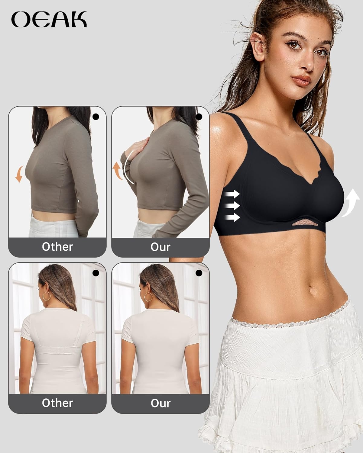 image:imageOEAK Womens Wireless Jelly Bras Scalloped Push Up No Underwire Bralette Supportive Tshirt Bra Seamless Comfortable BrasBlack