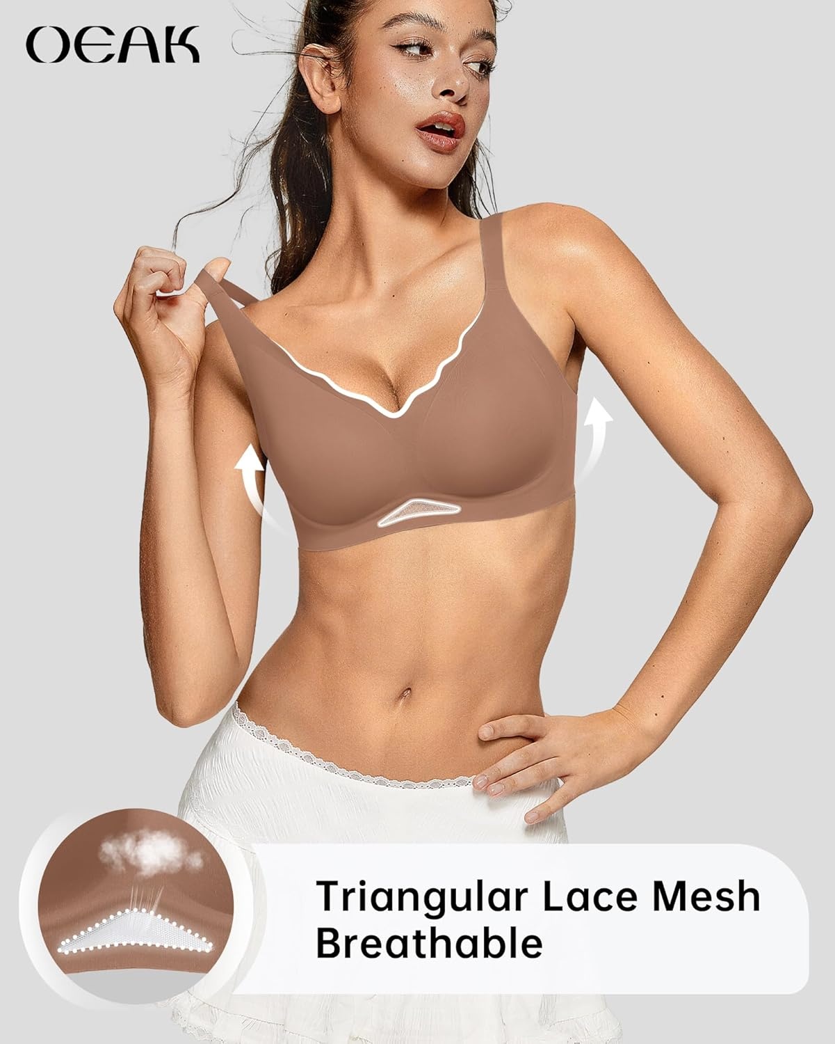 image:imageOEAK Womens Wireless Jelly Bras Scalloped Push Up No Underwire Bralette Supportive Tshirt Bra Seamless Comfortable BrasCoffee