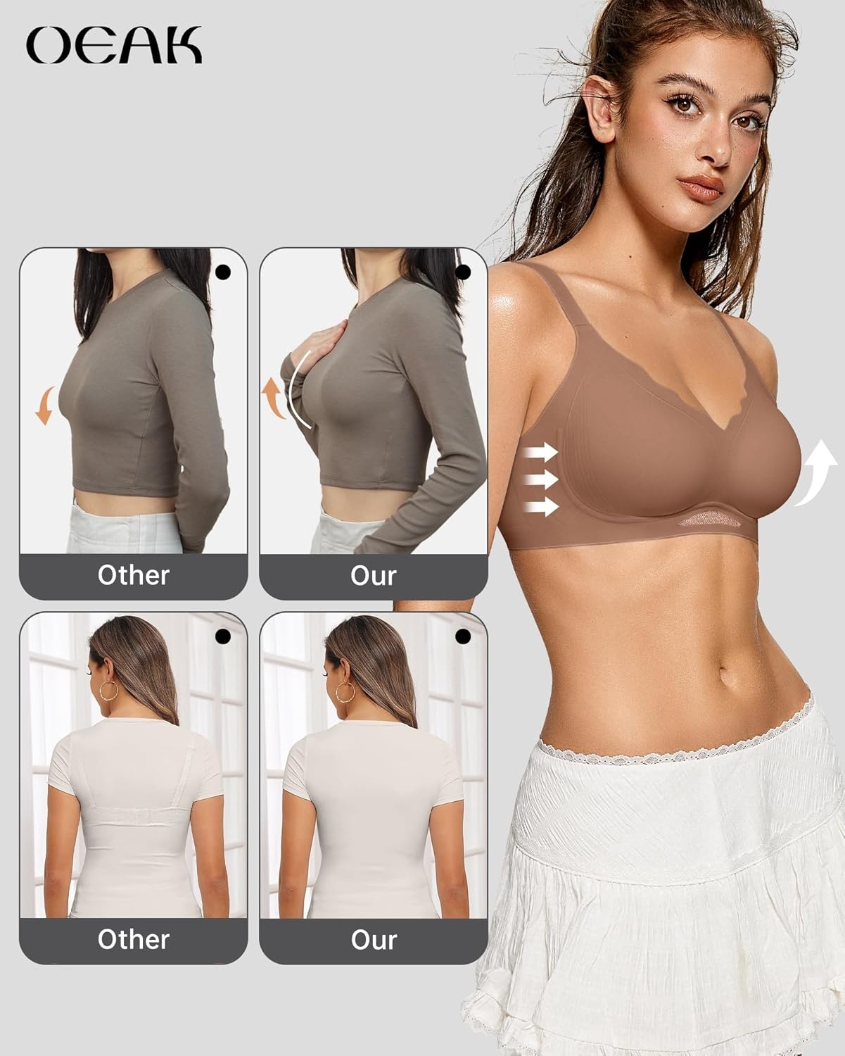 image:imageOEAK Womens Wireless Jelly Bras Scalloped Push Up No Underwire Bralette Supportive Tshirt Bra Seamless Comfortable BrasCoffee
