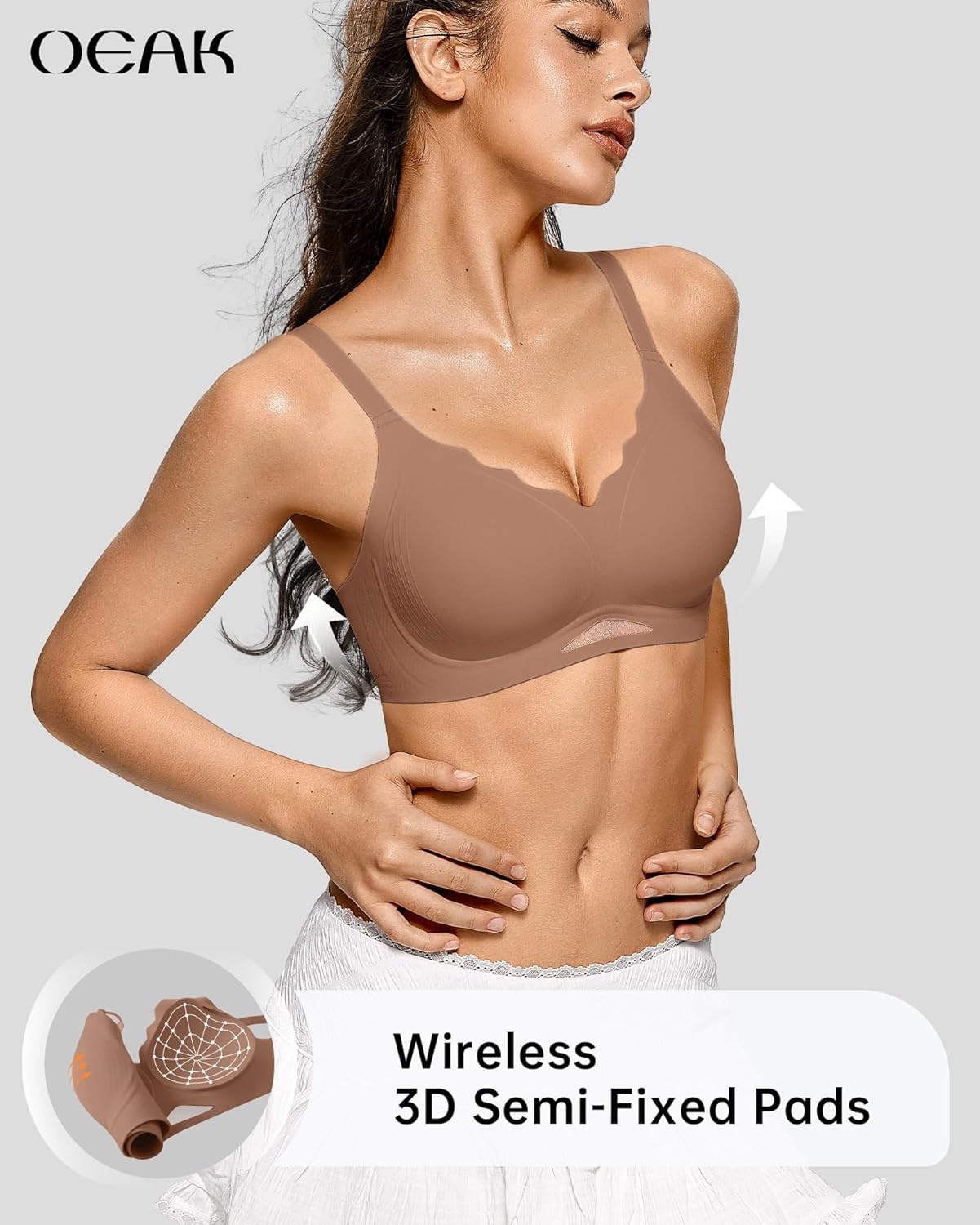 image:imageOEAK Womens Wireless Jelly Bras Scalloped Push Up No Underwire Bralette Supportive Tshirt Bra Seamless Comfortable BrasCoffee