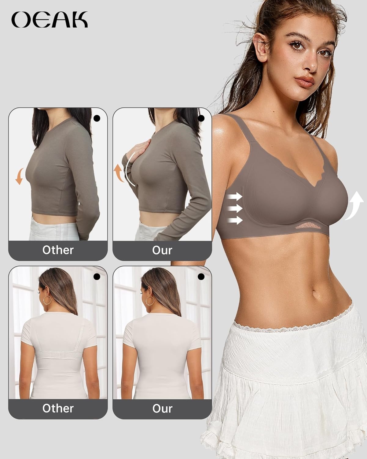 image:imageOEAK Womens Wireless Jelly Bras Scalloped Push Up No Underwire Bralette Supportive Tshirt Bra Seamless Comfortable BrasGrey