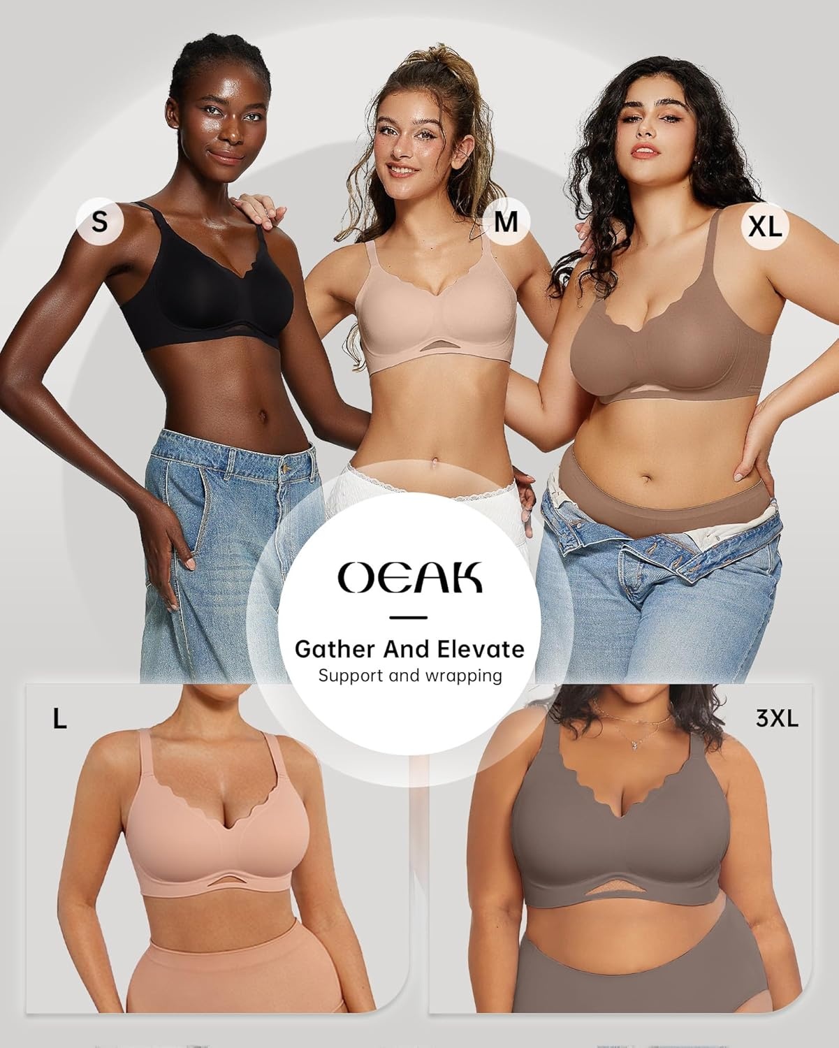 image:imageOEAK Womens Wireless Jelly Bras Scalloped Push Up No Underwire Bralette Supportive Tshirt Bra Seamless Comfortable BrasGrey