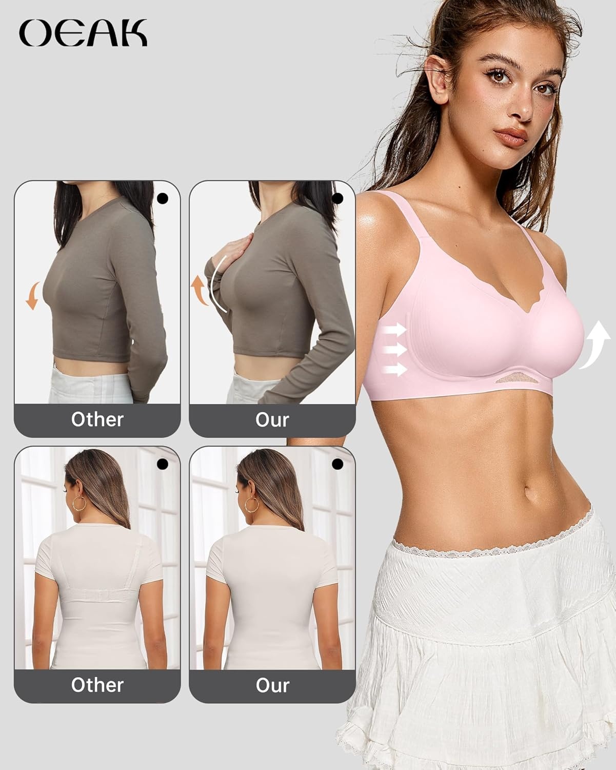 image:imageOEAK Womens Wireless Jelly Bras Scalloped Push Up No Underwire Bralette Supportive Tshirt Bra Seamless Comfortable BrasPink