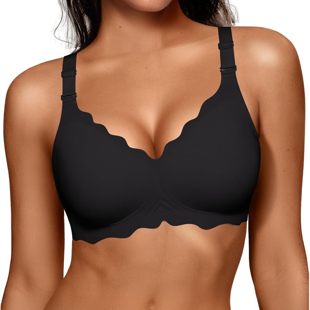 image:imageOEAK Women Jelly Bras No Underwire Scalloped Push Up Buttery Soft Tshirt Bra Seamless Full Coverage Convertible Everyday BraBlack