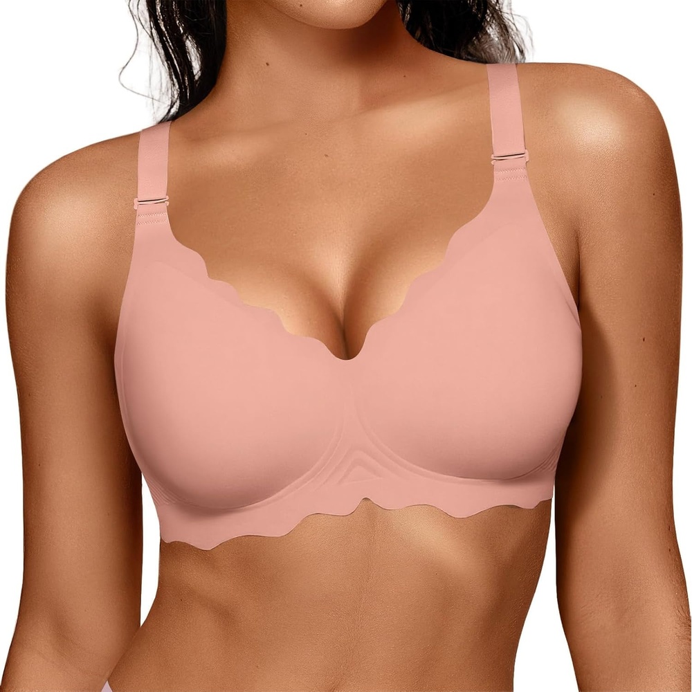 image:imageOEAK Women Jelly Bras No Underwire Scalloped Push Up Buttery Soft Tshirt Bra Seamless Full Coverage Convertible Everyday BraTea Red