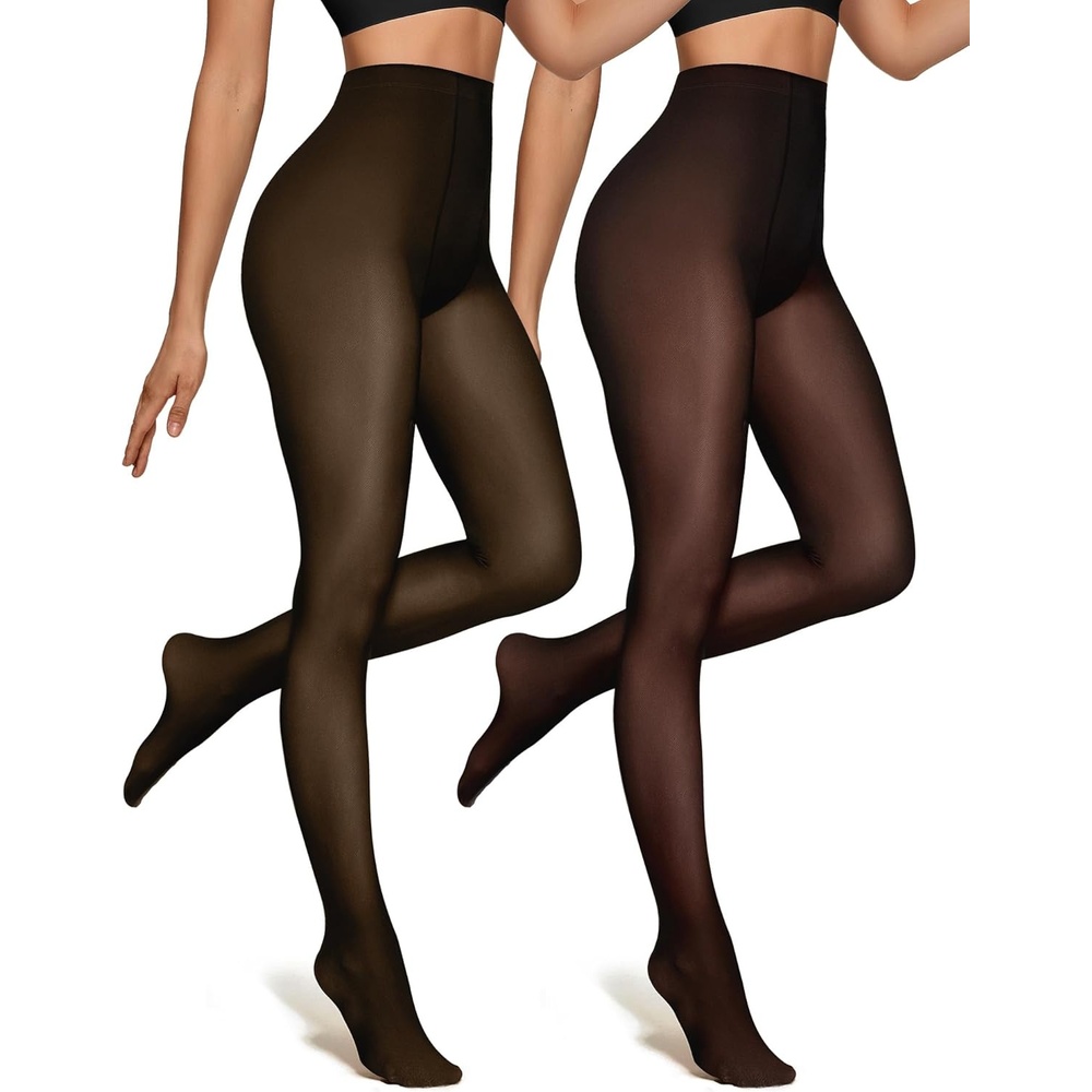 image:imageOEAK Womens 2 Pack Fleece Lined Tights Fake Translucent Pantyhose Thermal Opaque High Waisted Leggings Footed Sheer Tights2 Pairs Blackbrown