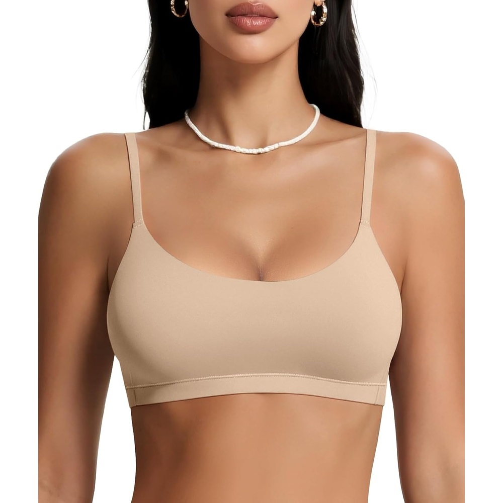 image:imageOEAK Womens Comfortable Bras No Underwire Cami Bra Seamless Unlined Bralettes Scoop Neck Unpadded Everyday Sports Tshirt BraBeige