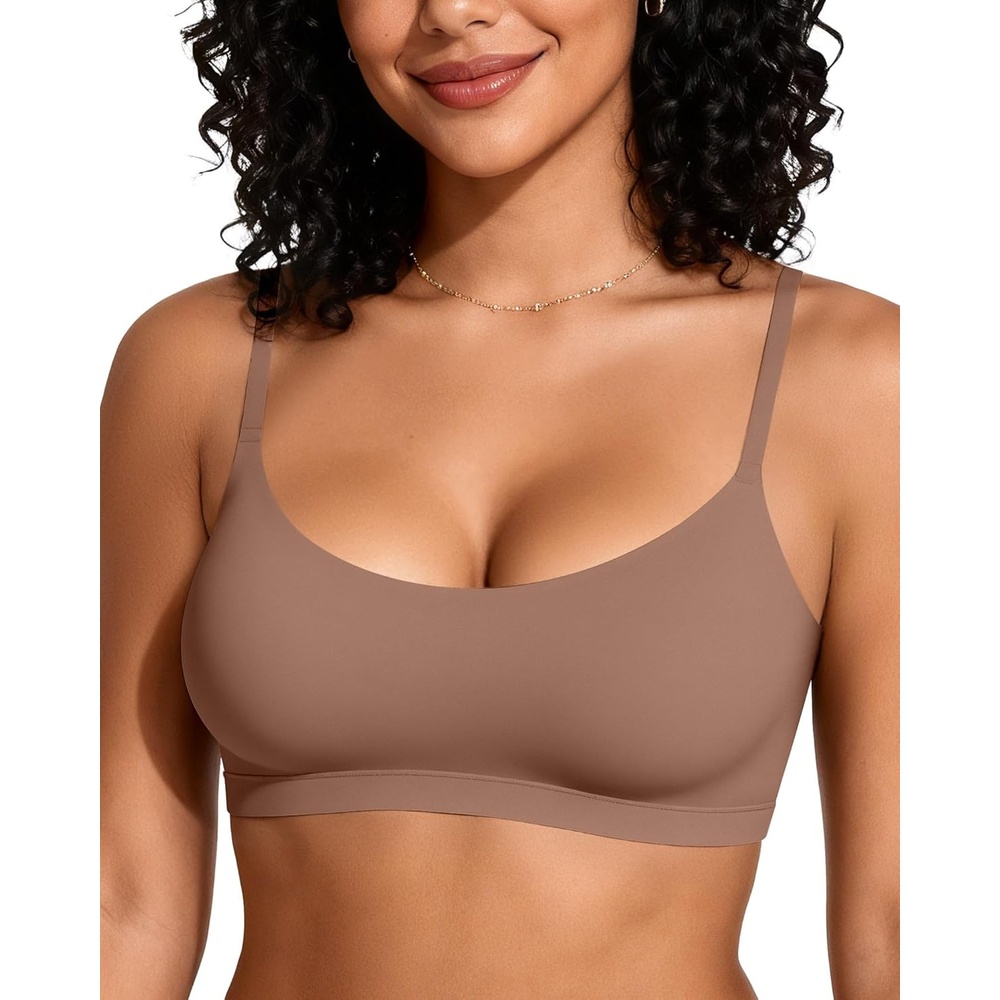 image:imageOEAK Womens Comfortable Bras No Underwire Cami Bra Seamless Unlined Bralettes Scoop Neck Unpadded Everyday Sports Tshirt BraLatte
