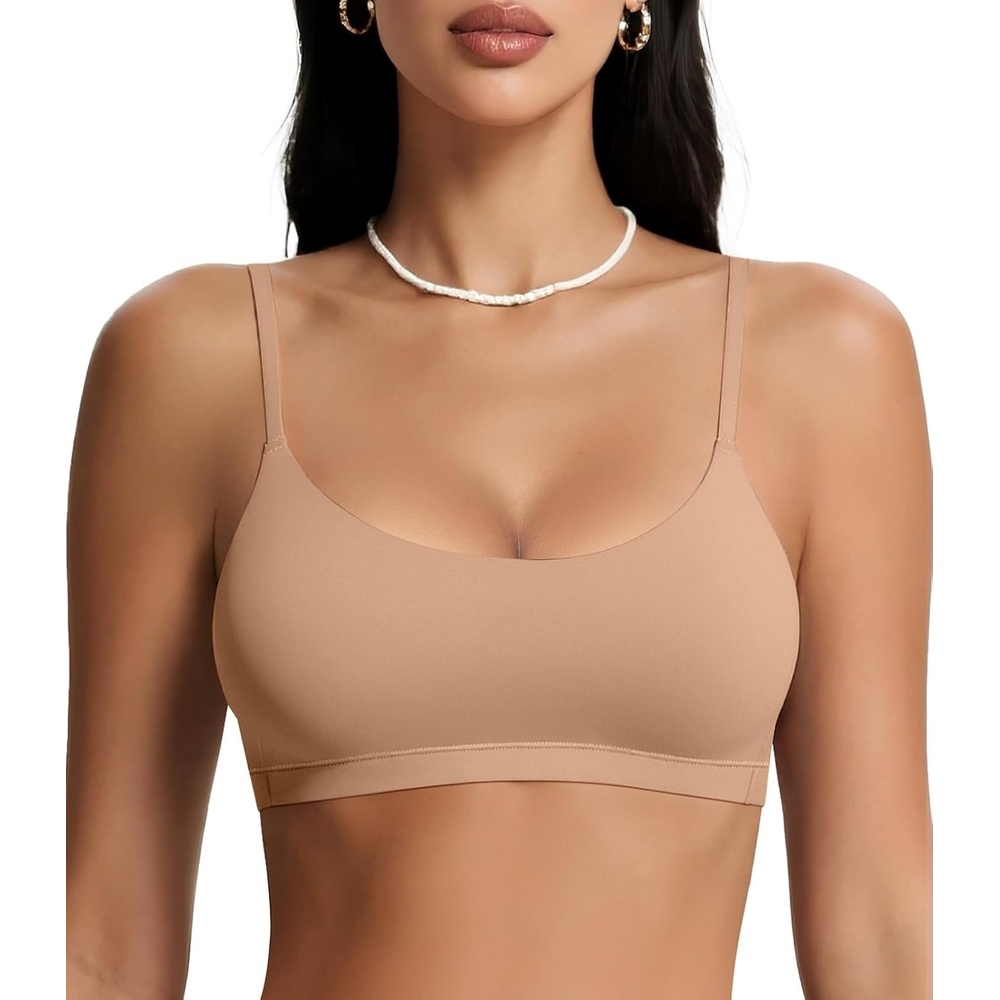 image:imageOEAK Womens Comfortable Bras No Underwire Cami Bra Seamless Unlined Bralettes Scoop Neck Unpadded Everyday Sports Tshirt BraNude