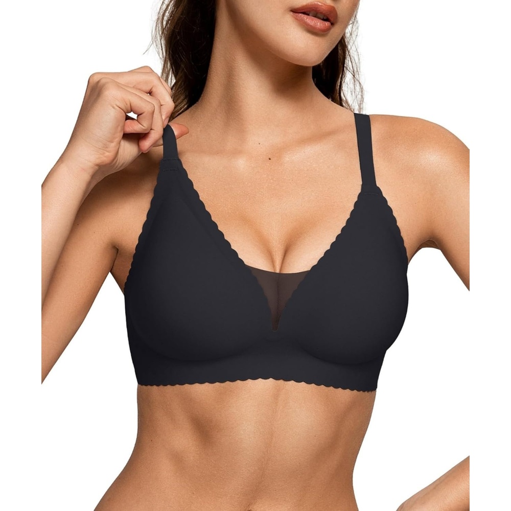 image:imageOEAK Womens Comfortable Bras Wireless Bras Push Up Bralettes Scalloped Mesh Bras Seamless Tshirts Bras Deep V Everyday BrasBlack