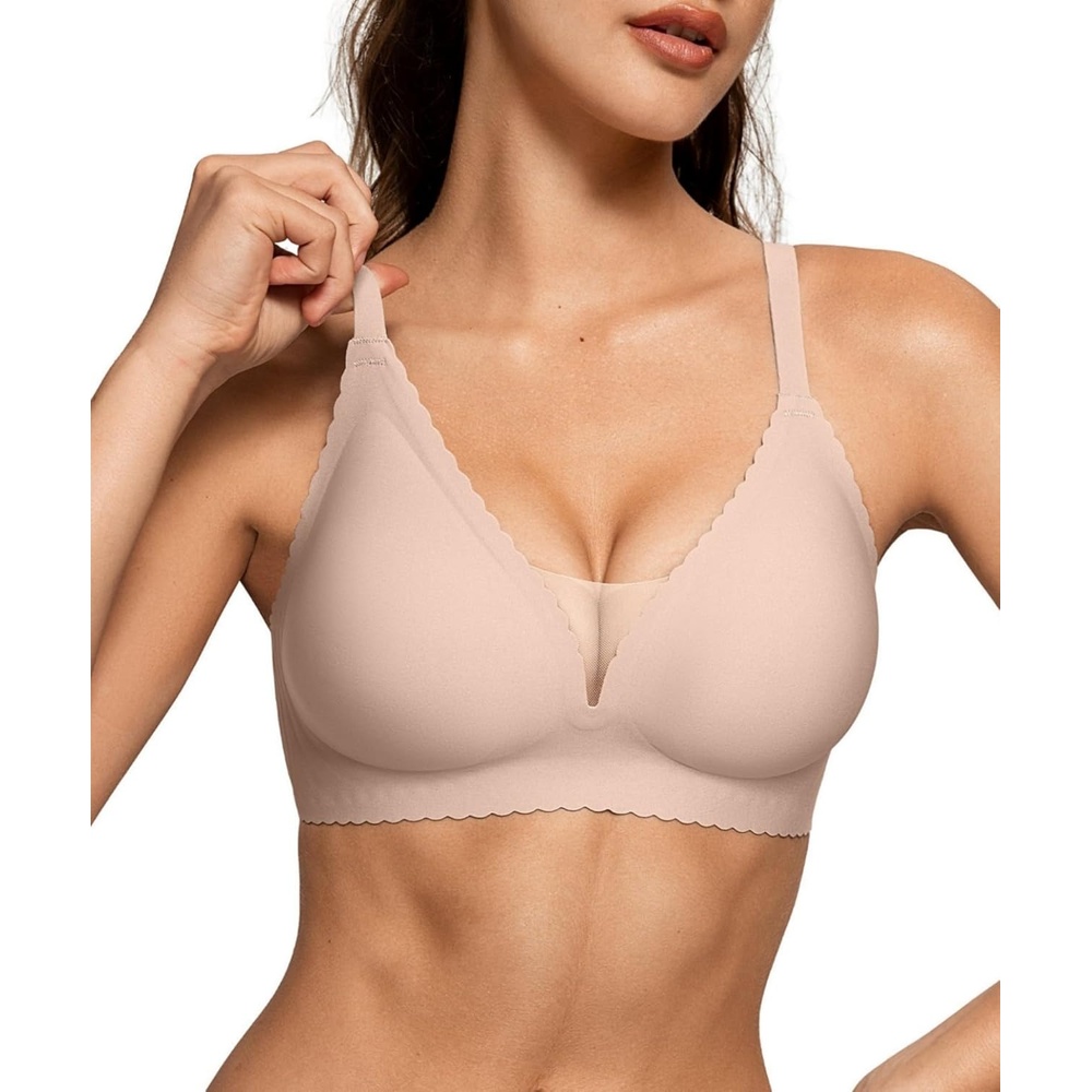 image:imageOEAK Womens Comfortable Bras Wireless Bras Push Up Bralettes Scalloped Mesh Bras Seamless Tshirts Bras Deep V Everyday BrasNude