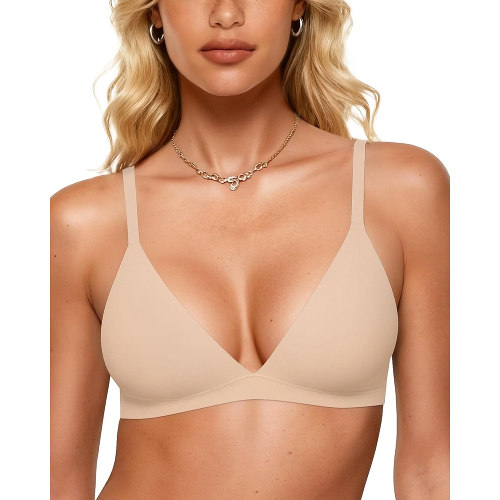 image:imageOEAK Womens Comfortable Triangle Bras No Underwire Sexy Plunge Unlined Bralette Pull On Bra Seamless Everyday Tshirt BrasBeige