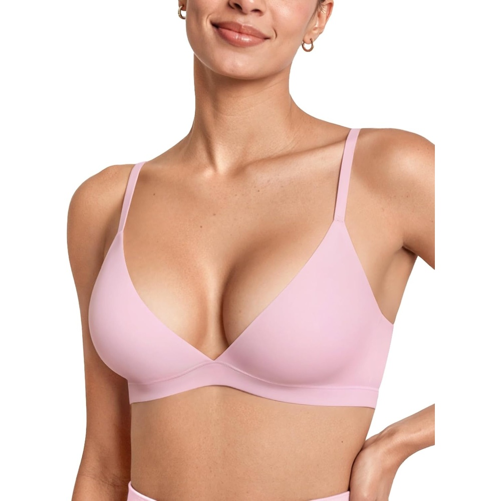 image:imageOEAK Womens Comfortable Triangle Bras No Underwire Sexy Plunge Unlined Bralette Pull On Bra Seamless Everyday Tshirt BrasSweet Pink