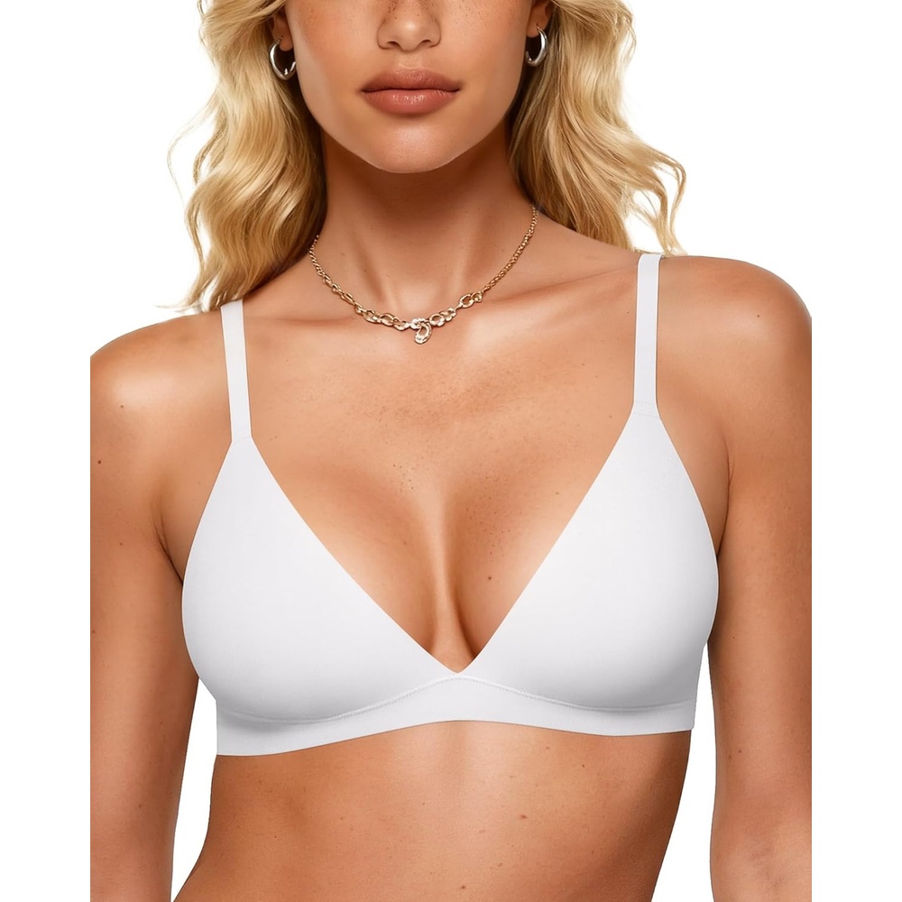 image:imageOEAK Womens Comfortable Triangle Bras No Underwire Sexy Plunge Unlined Bralette Pull On Bra Seamless Everyday Tshirt BrasWhite
