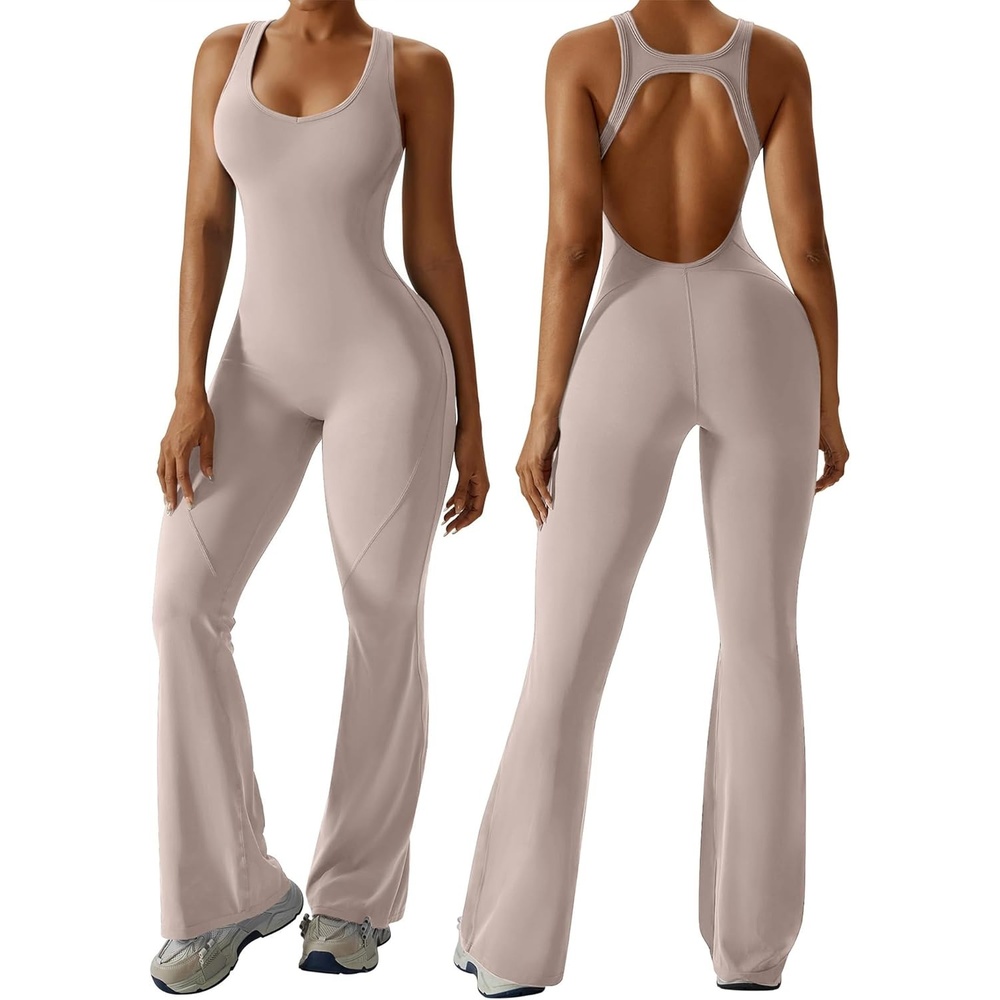 image:imageOEAK Womens Flare Jumpsuit with Bra Tummy Control Cutout Romper Workout Outfit Sleeveless Unitard One Piece Backless BodysuitKhaki