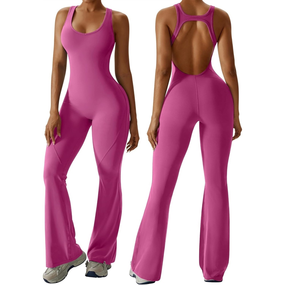 image:imageOEAK Womens Flare Jumpsuit with Bra Tummy Control Cutout Romper Workout Outfit Sleeveless Unitard One Piece Backless BodysuitRose